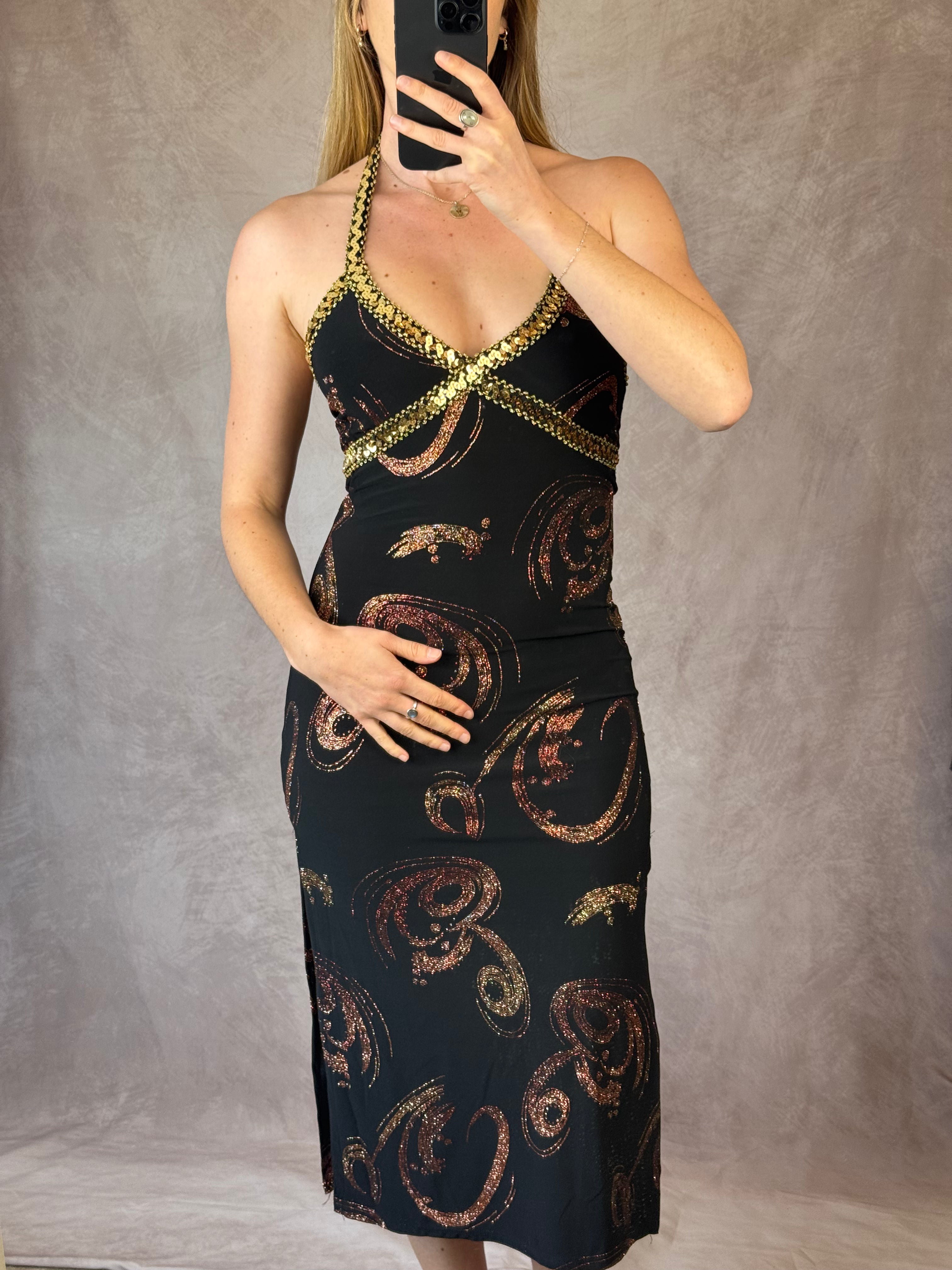 Y2K vintage fitted black dress with gold sequins (XS)
