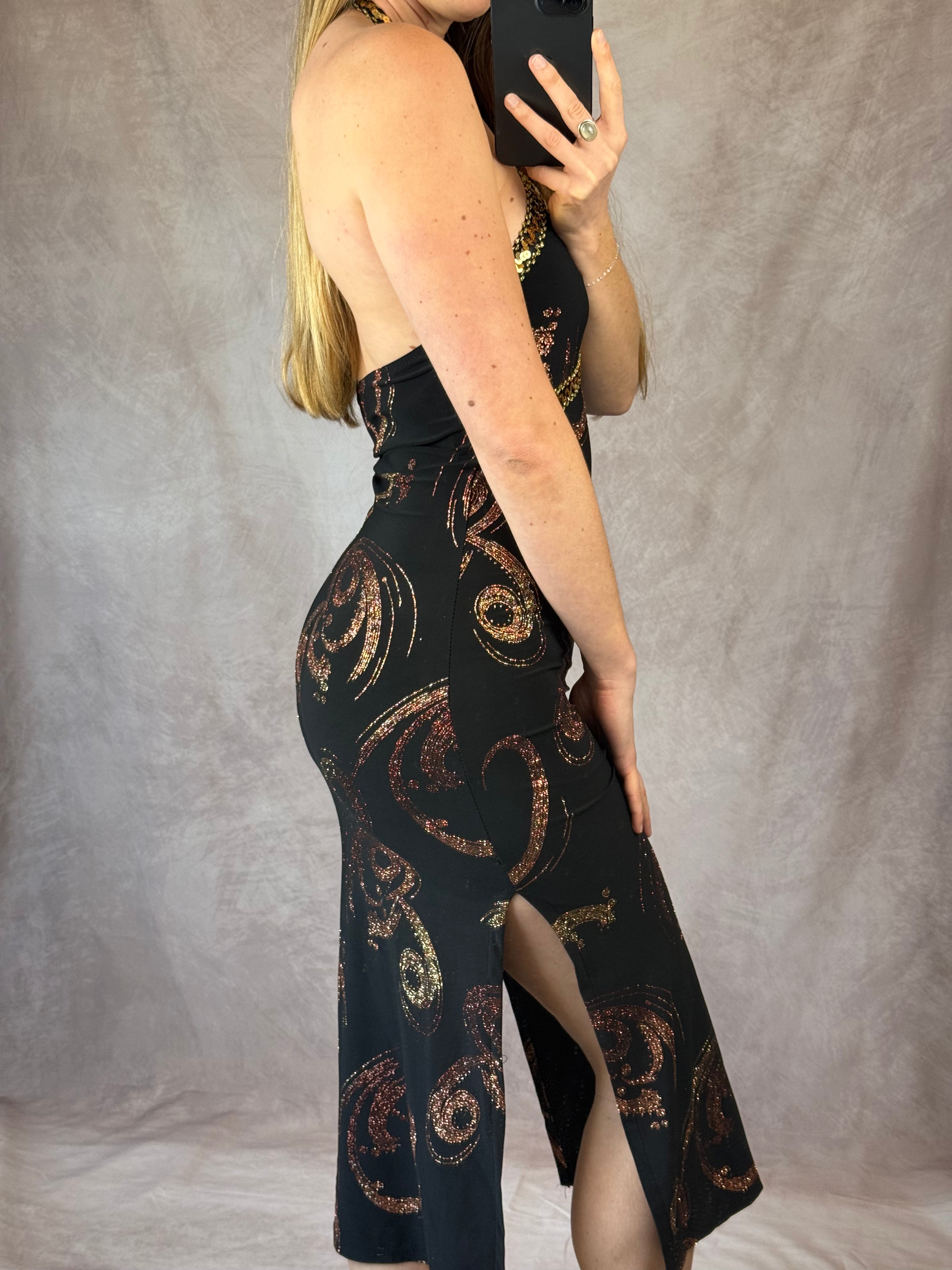 Y2K vintage fitted black dress with gold sequins (XS)