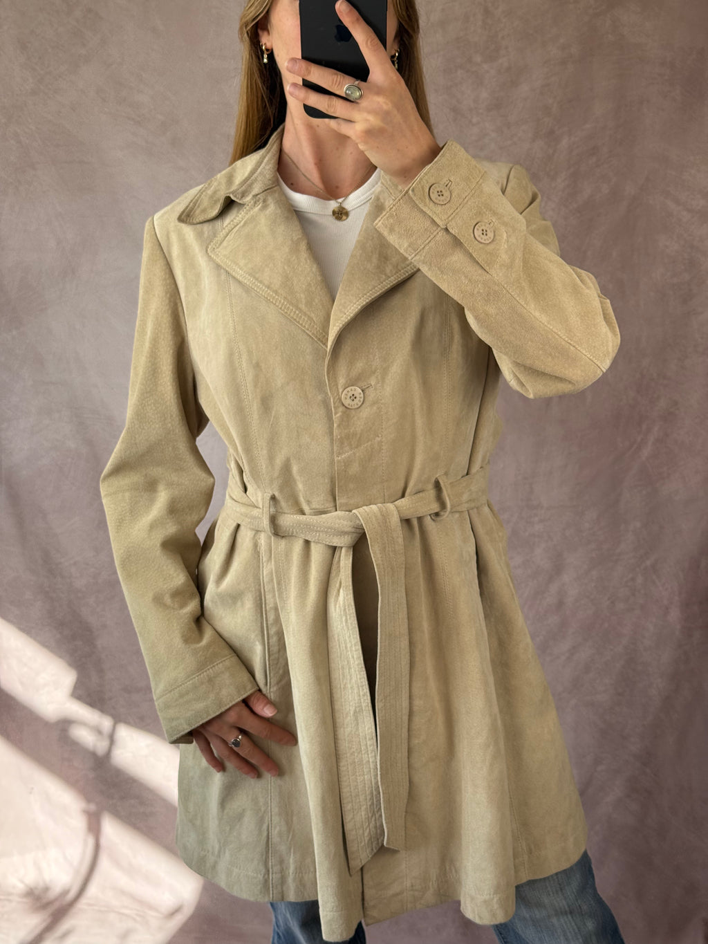 Vintage Y2K cream suede trench coat (L)