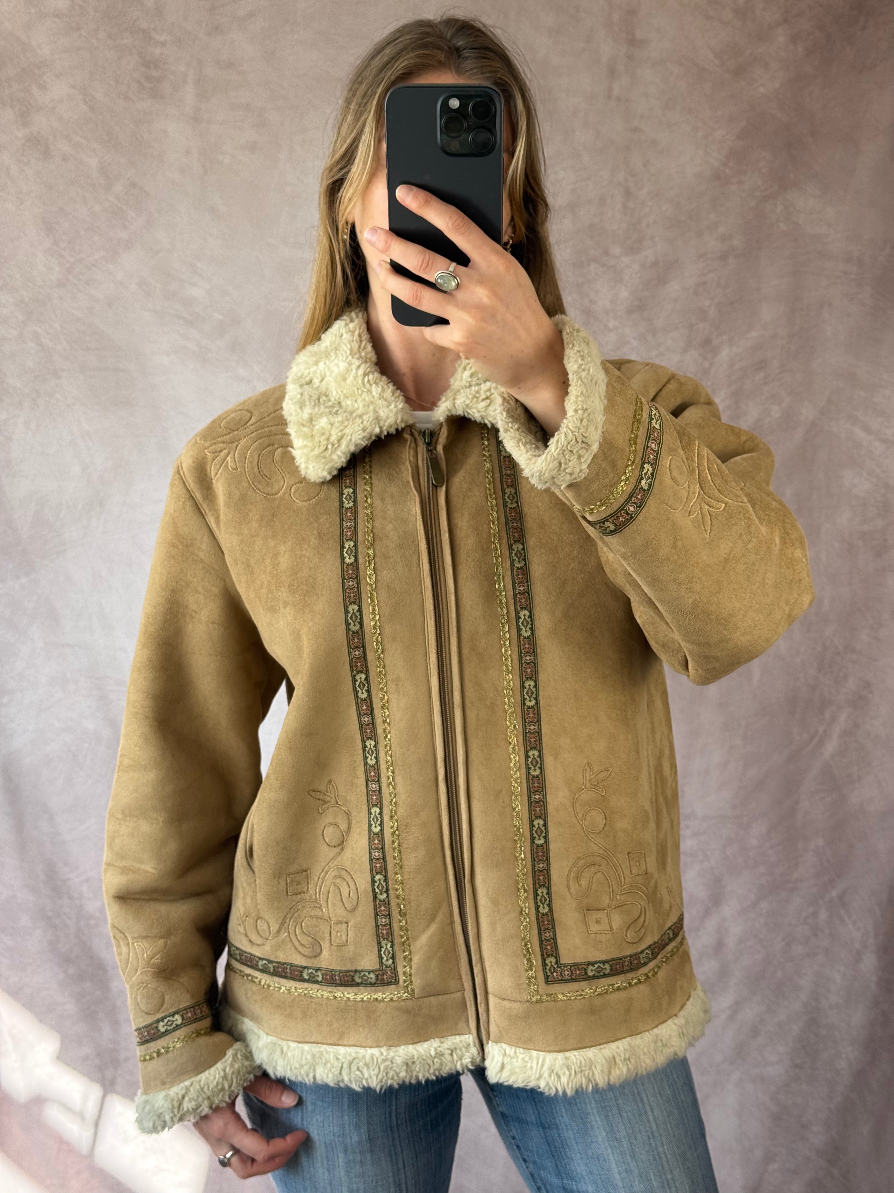 Faux fur boho cottage core jacket (L)