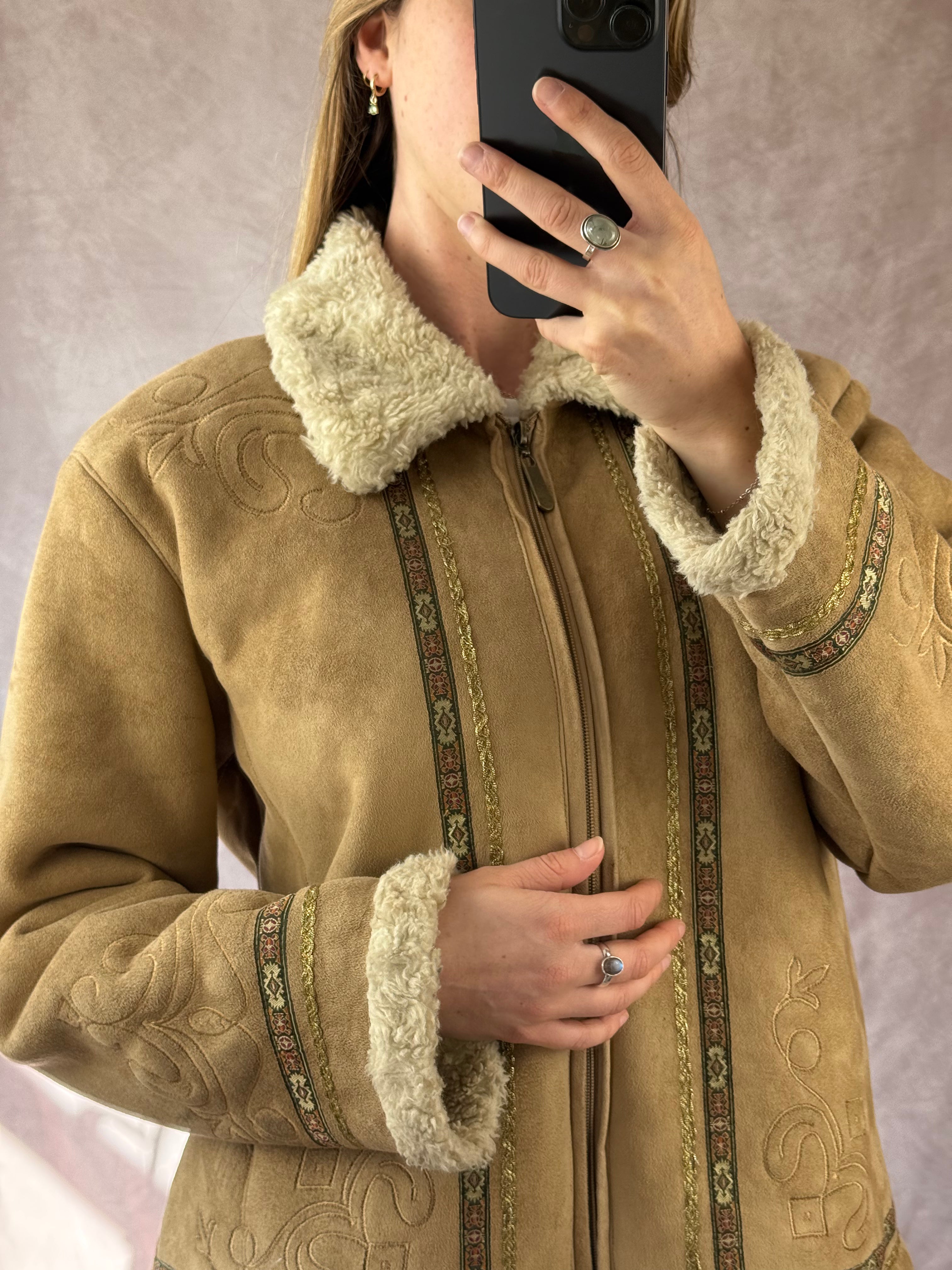 Faux fur boho cottage core jacket (L)