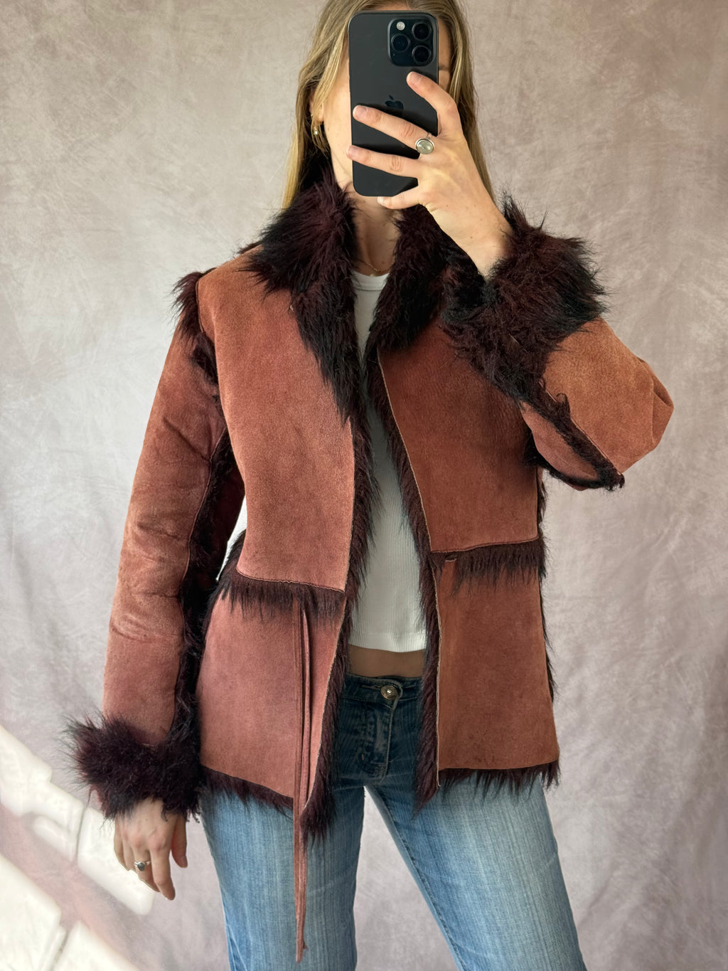 Suede faux fur vintage coat (M)