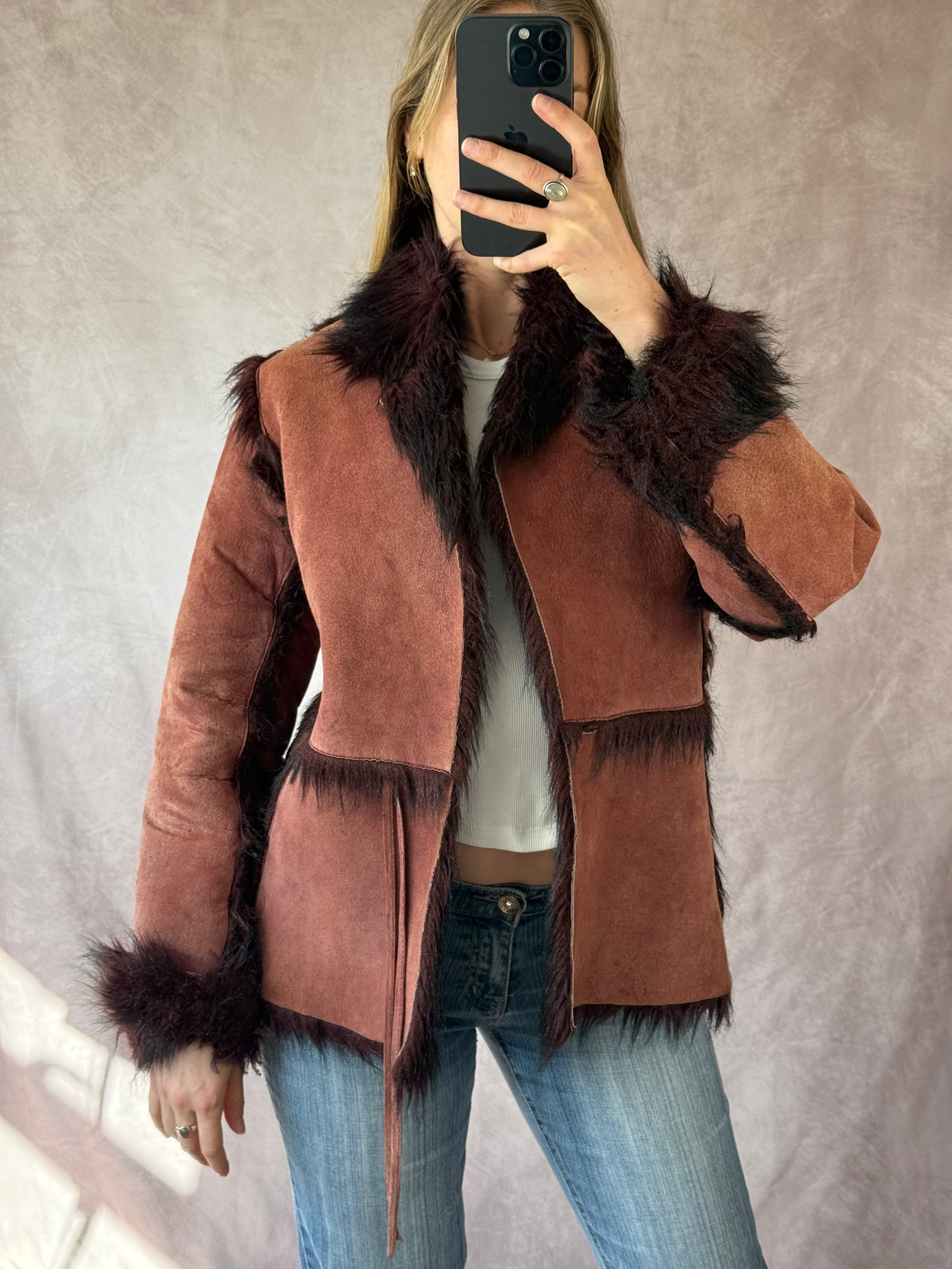 Suede faux fur vintage coat (M)