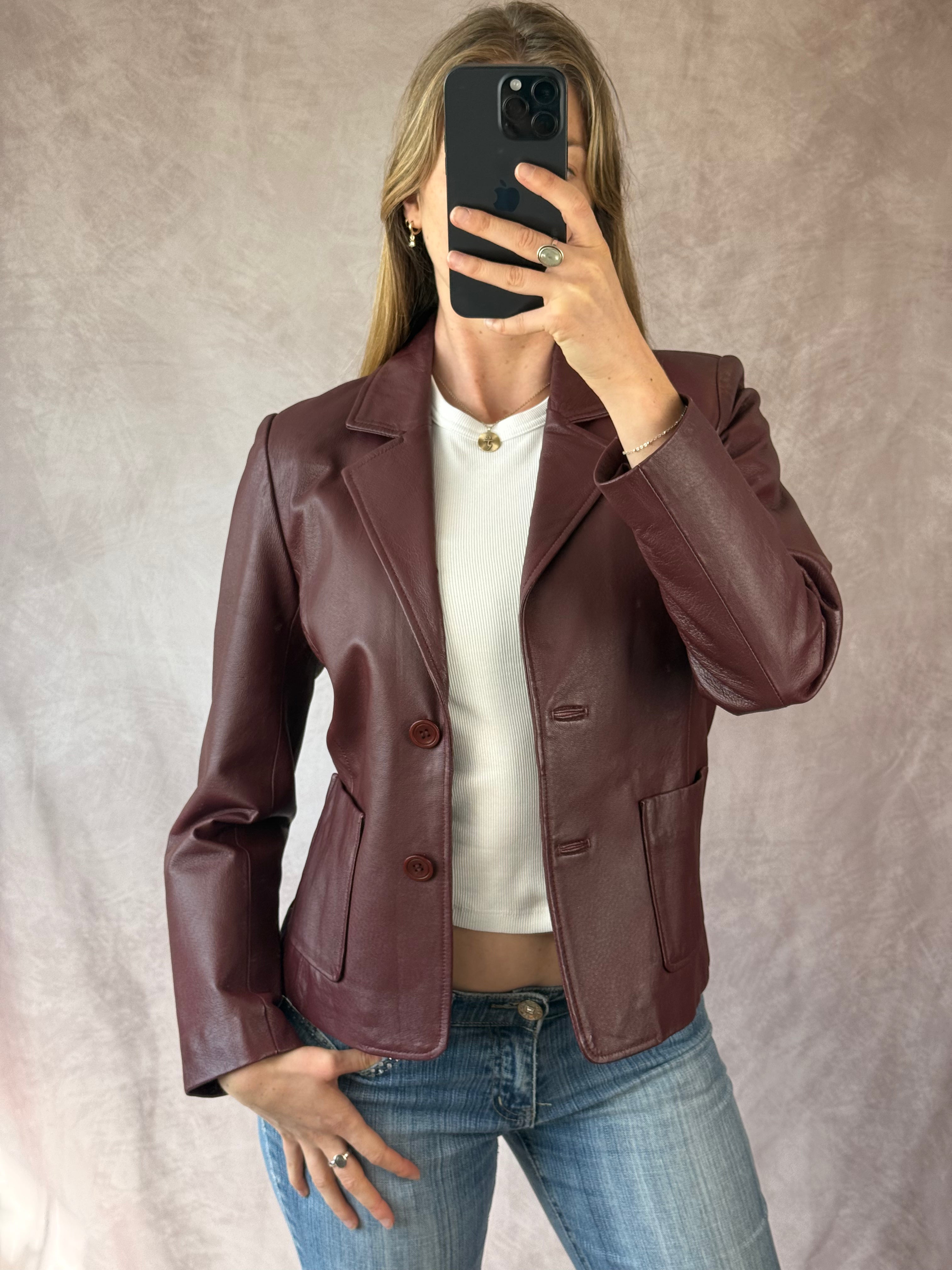 Y2K burgundy leather racer jacket (M)