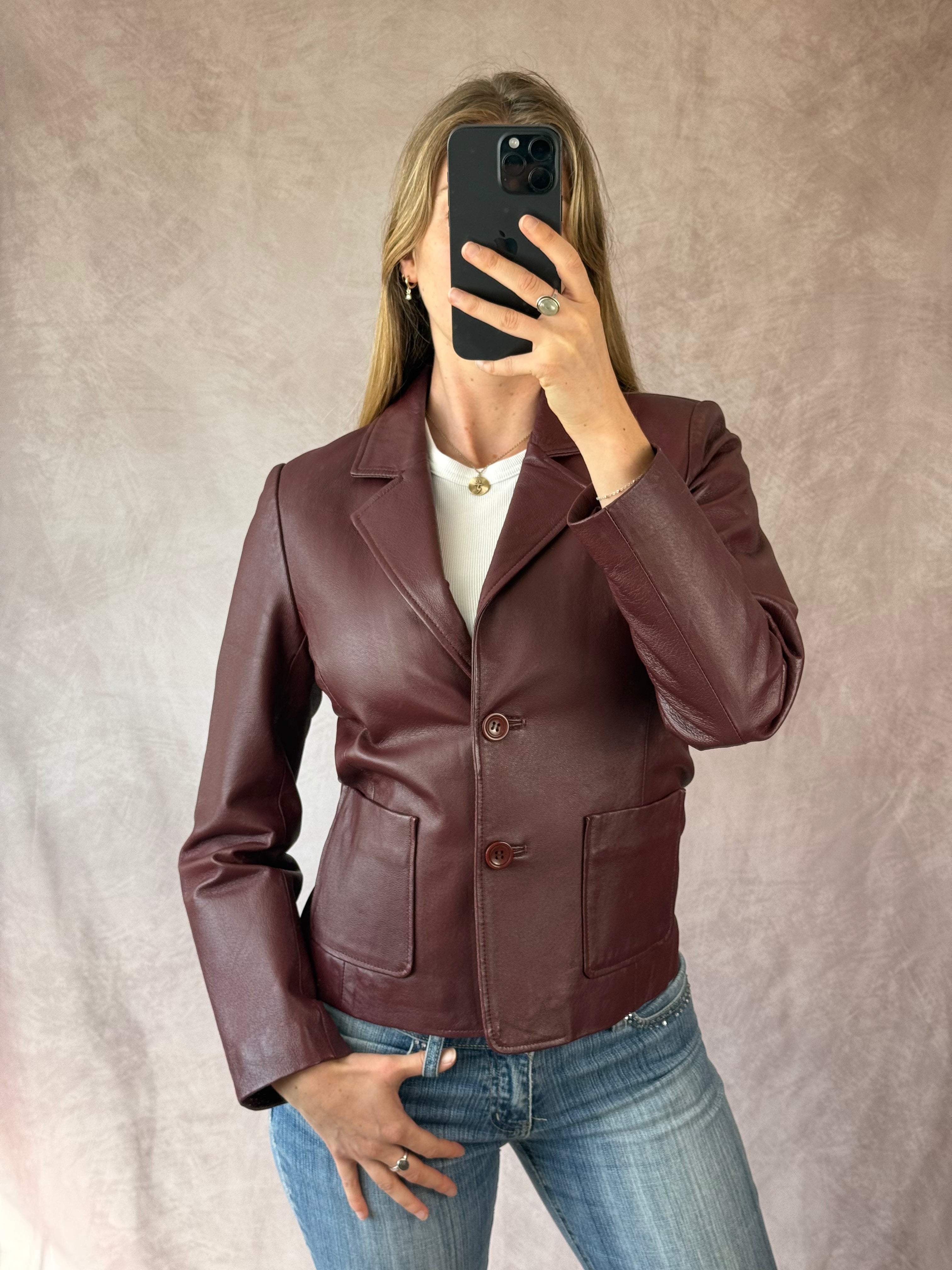 Y2K burgundy leather racer jacket (M)