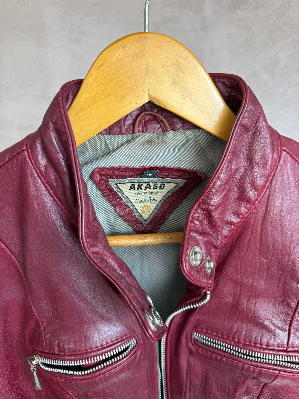 Vintage Y2K burgundy leather biker jacket (L)