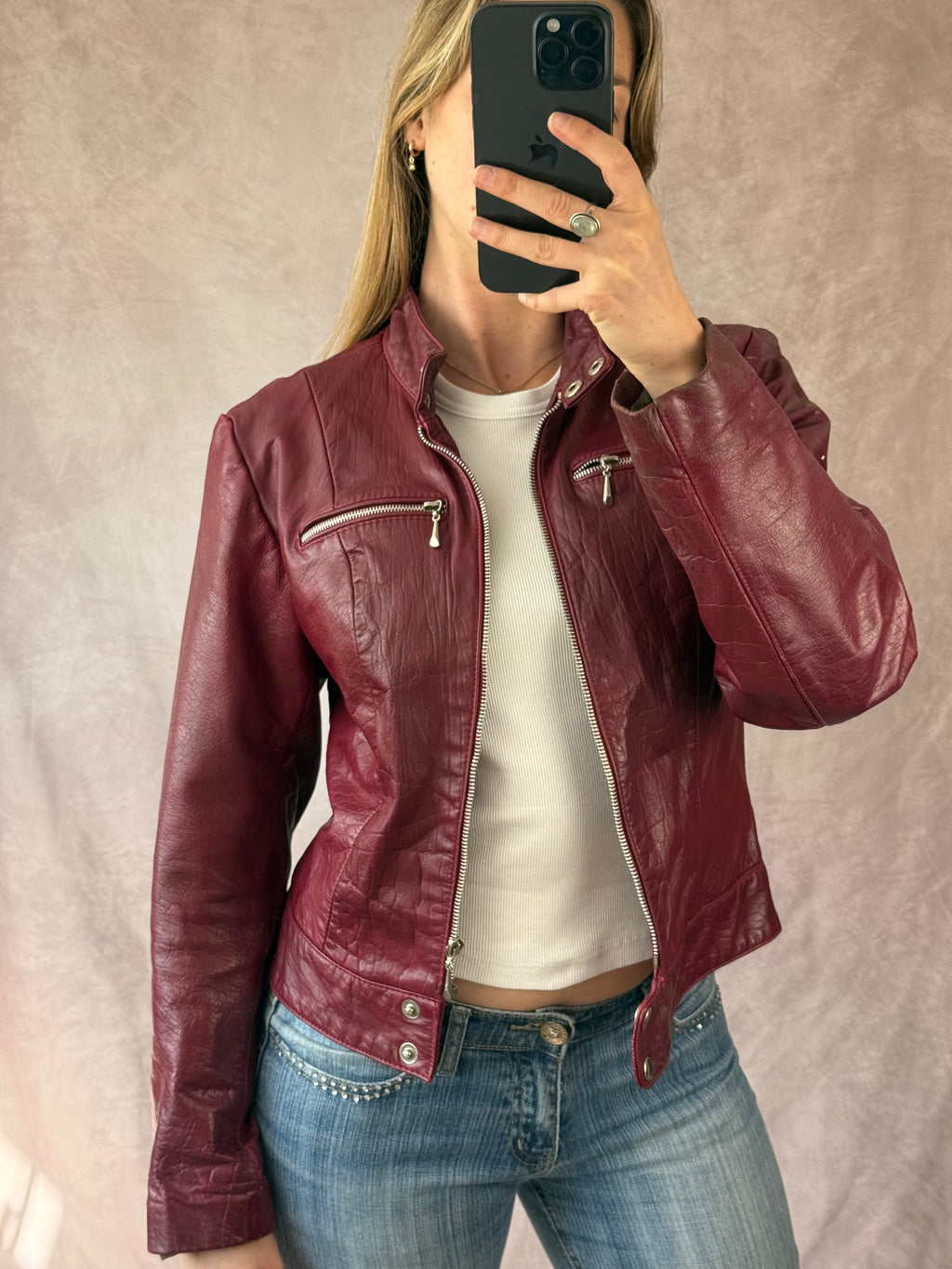 Vintage Y2K burgundy leather biker jacket (L)