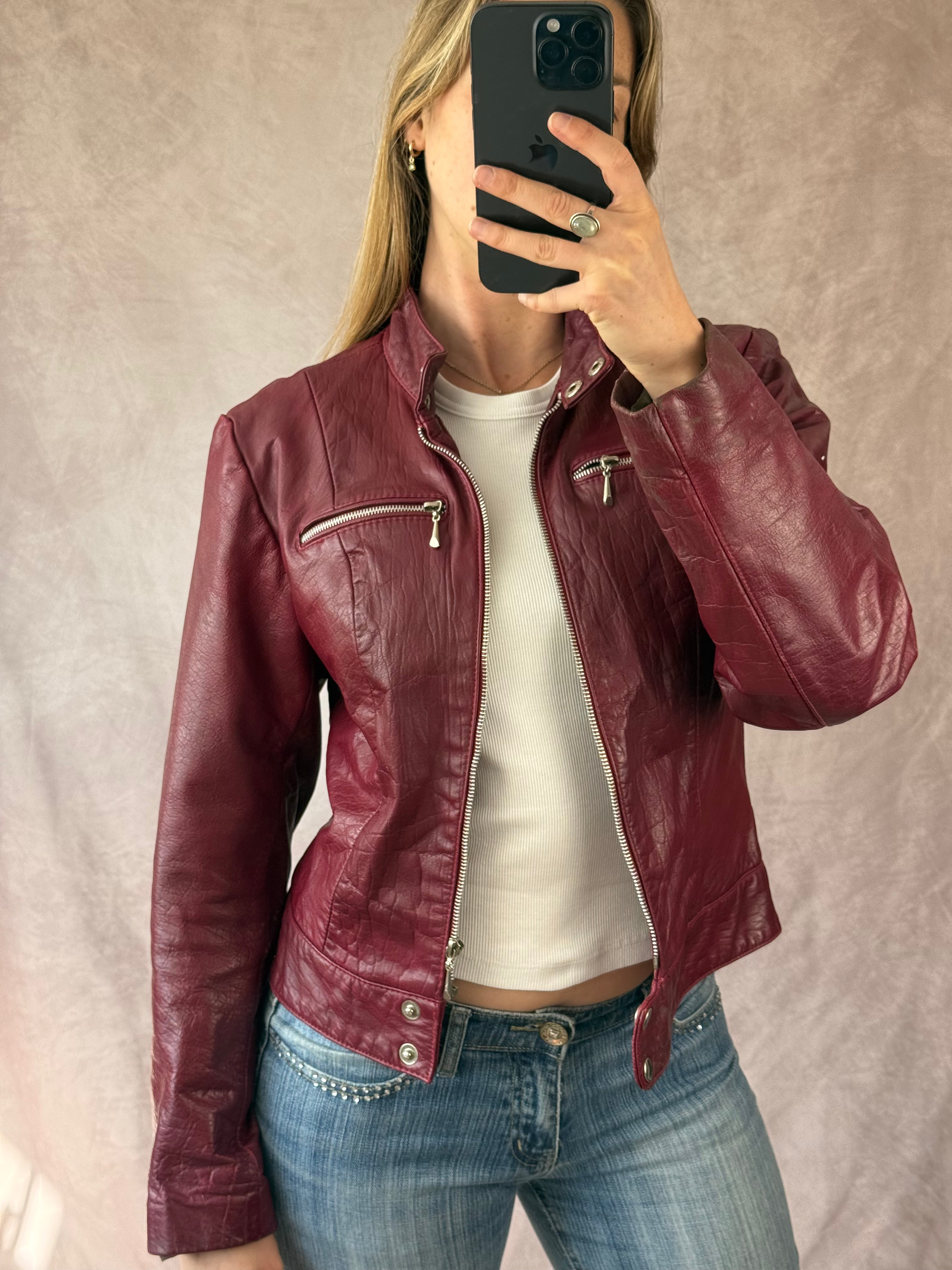 Vintage Y2K burgundy leather biker jacket (L)