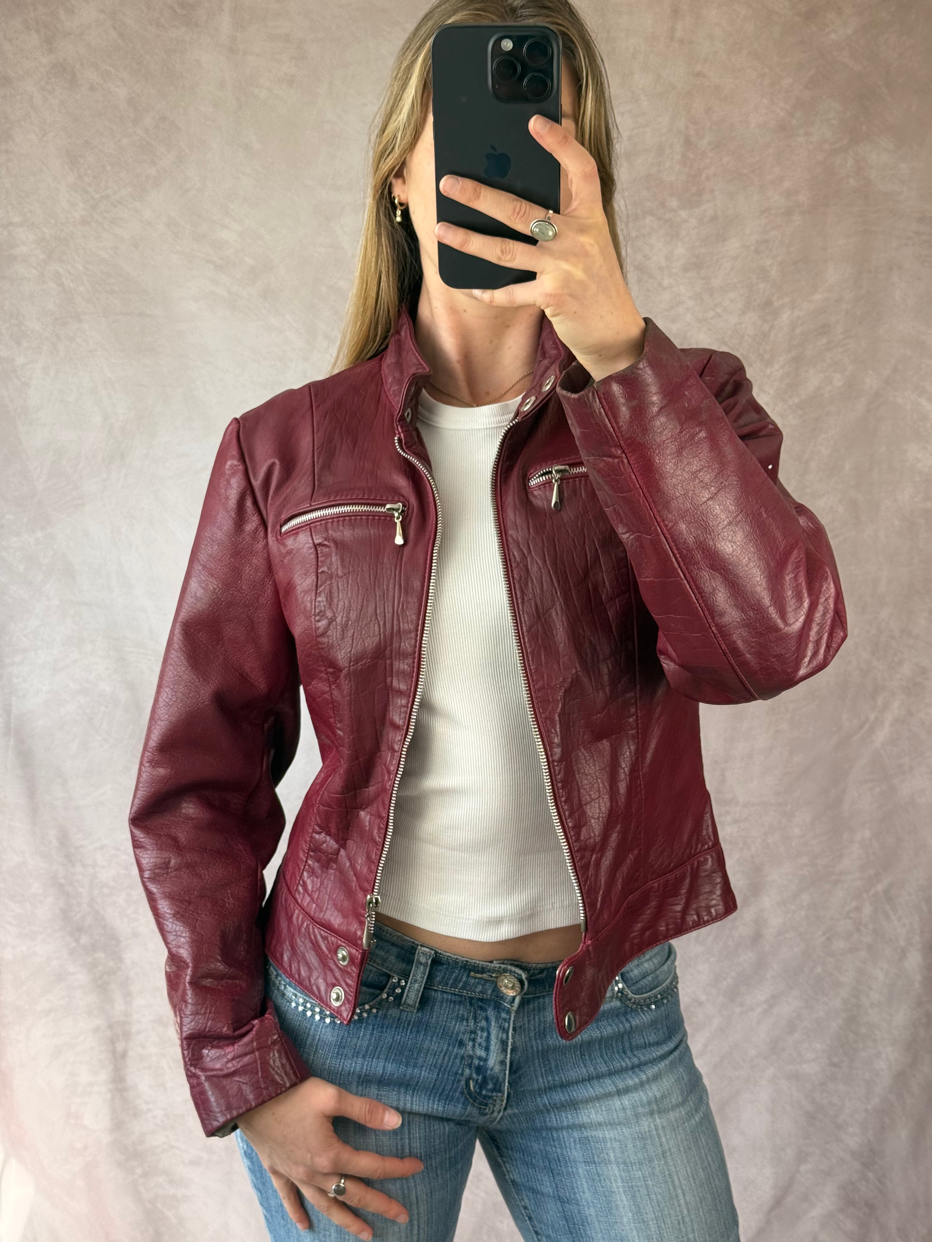 Vintage Y2K burgundy leather biker jacket (L)