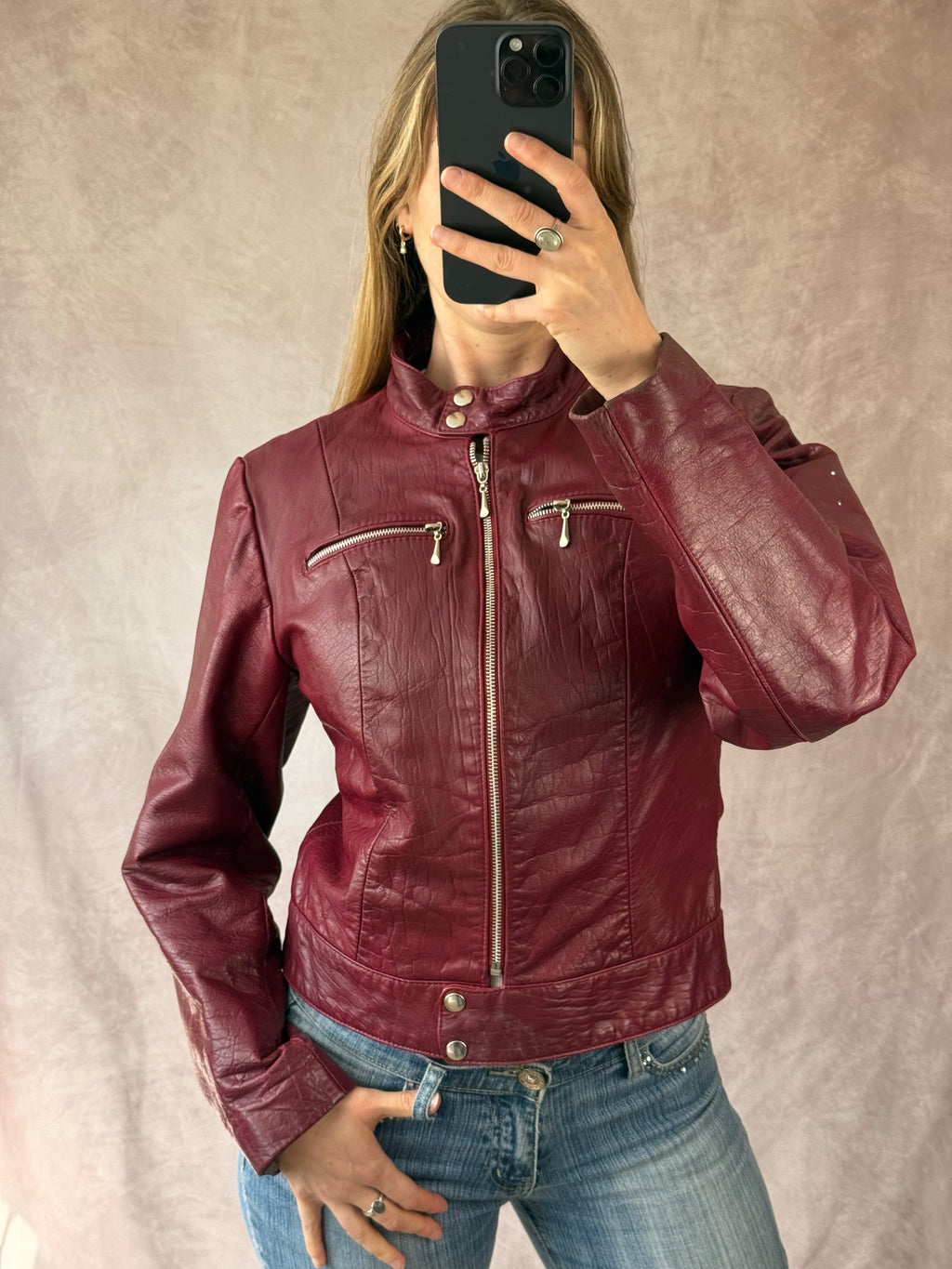 Vintage Y2K burgundy leather biker jacket (L)