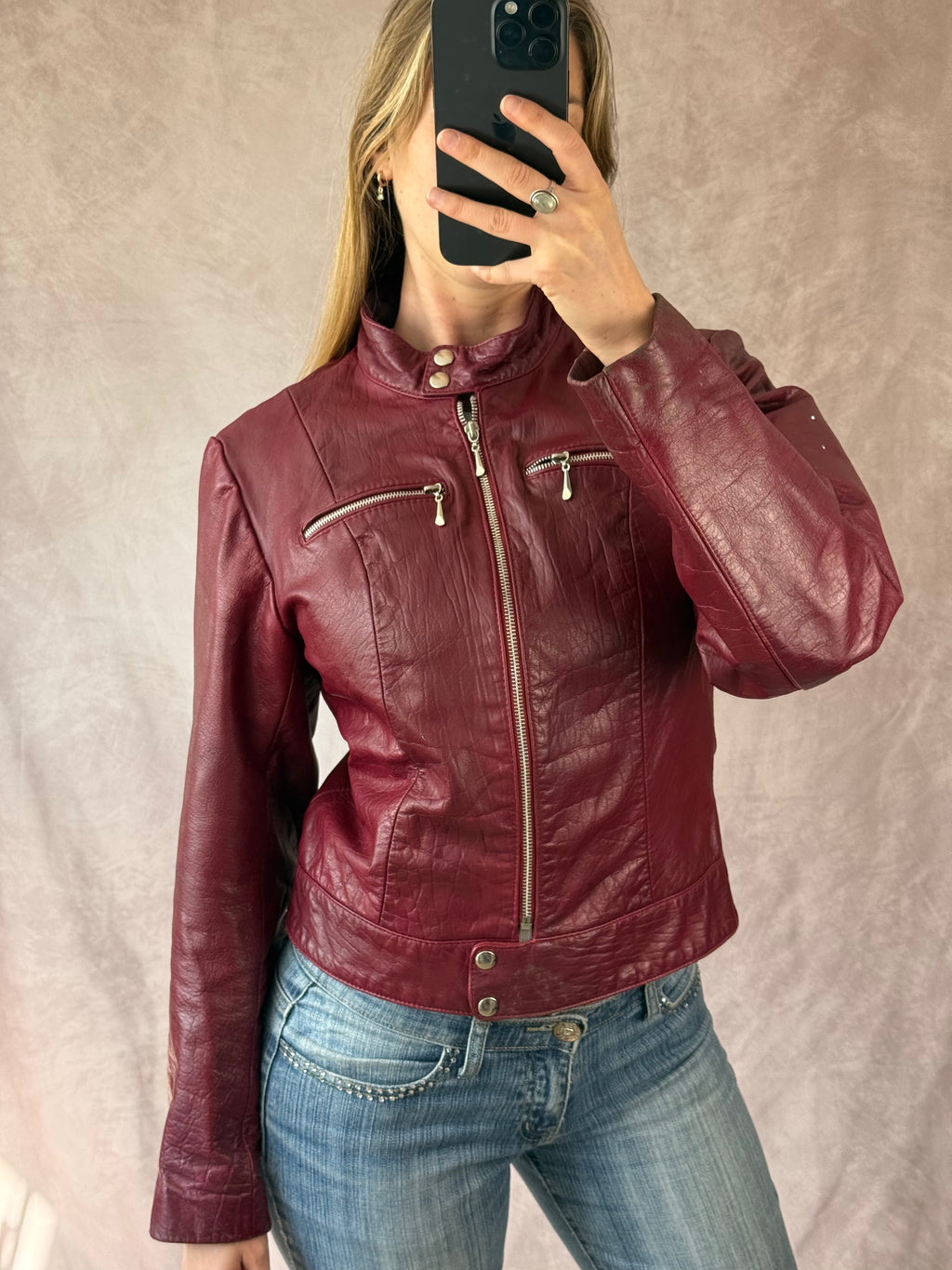 Vintage Y2K burgundy leather biker jacket (L)