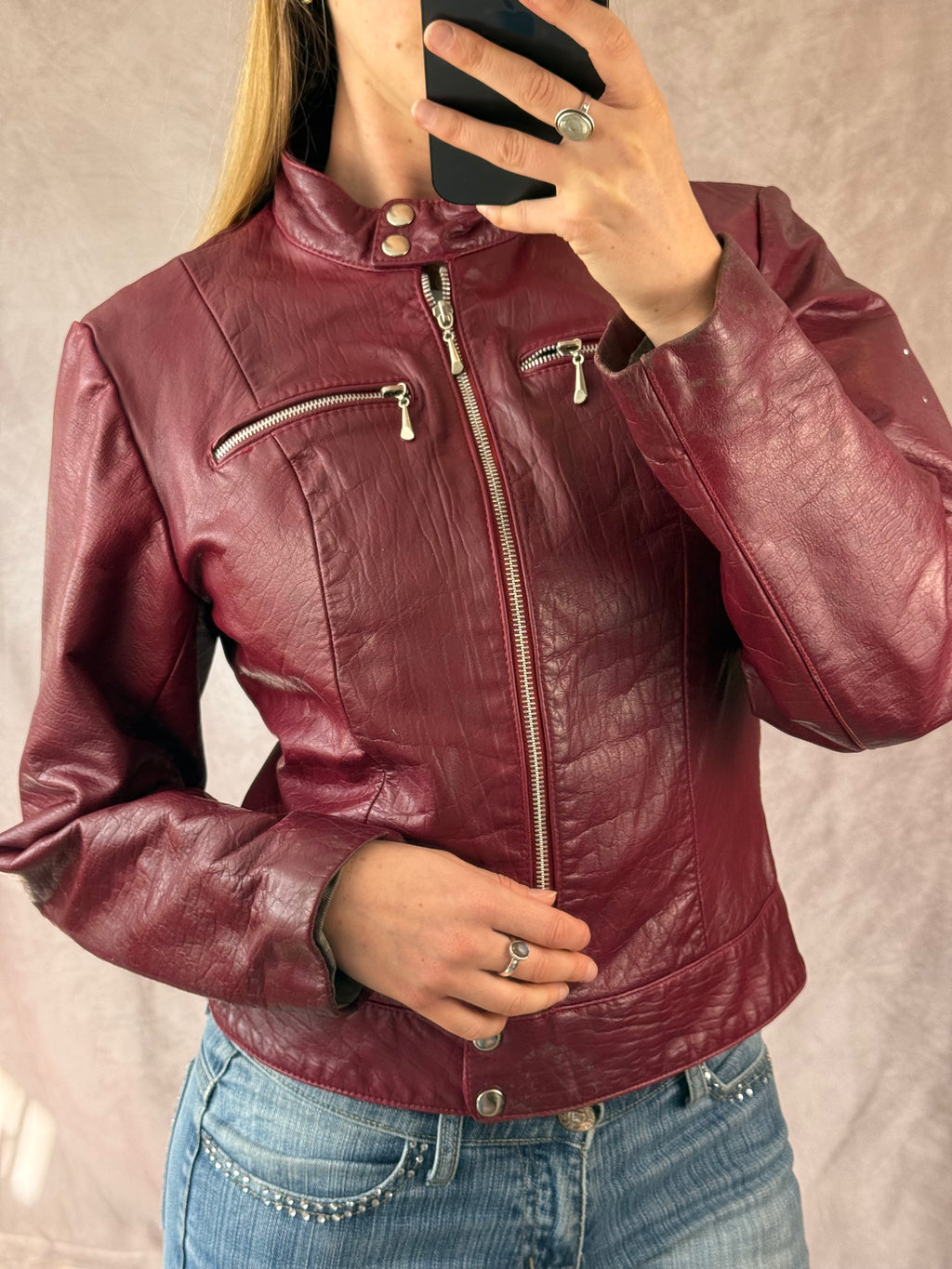 Vintage Y2K burgundy leather biker jacket (L)