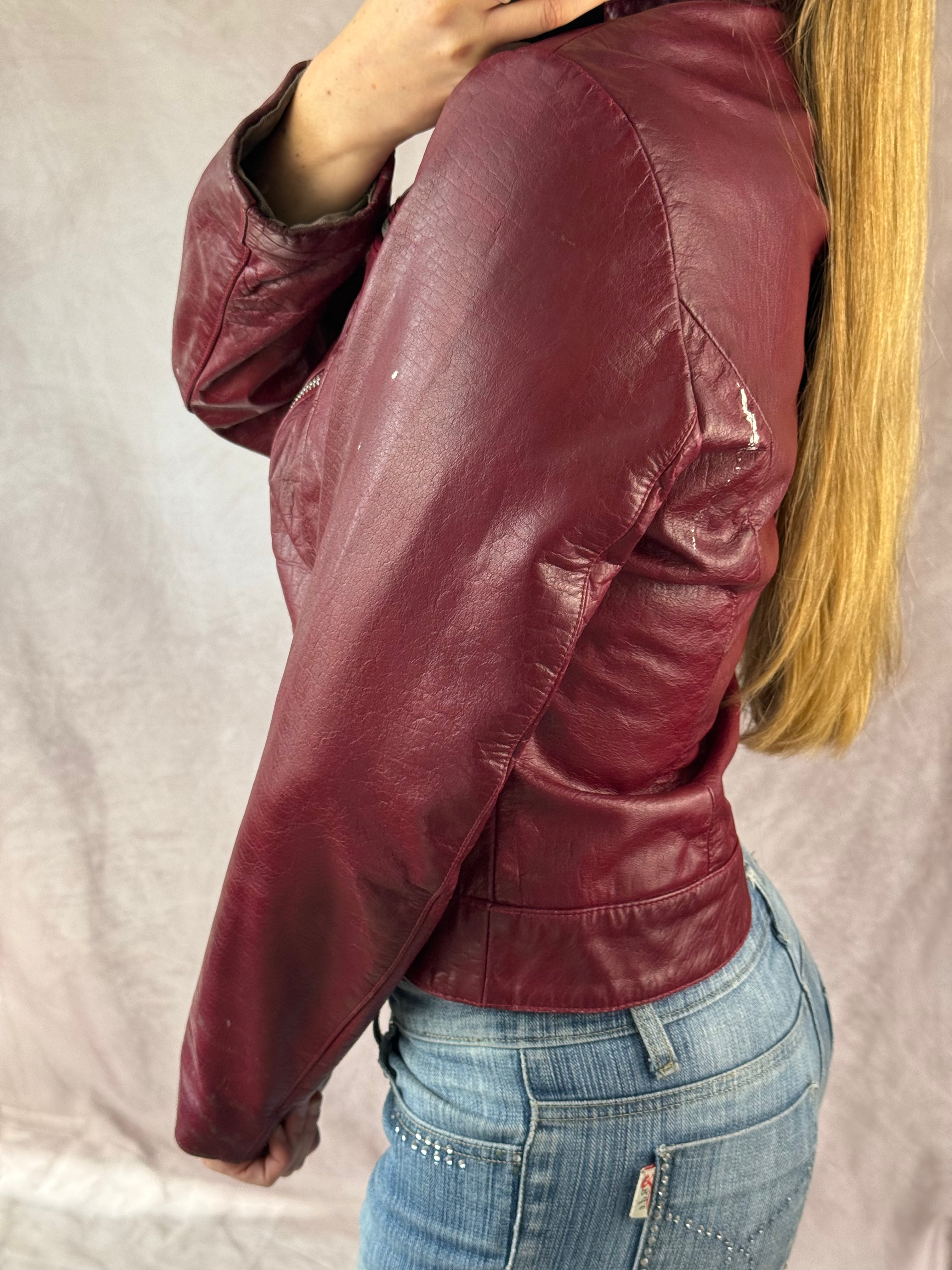 Vintage Y2K burgundy leather biker jacket (L)