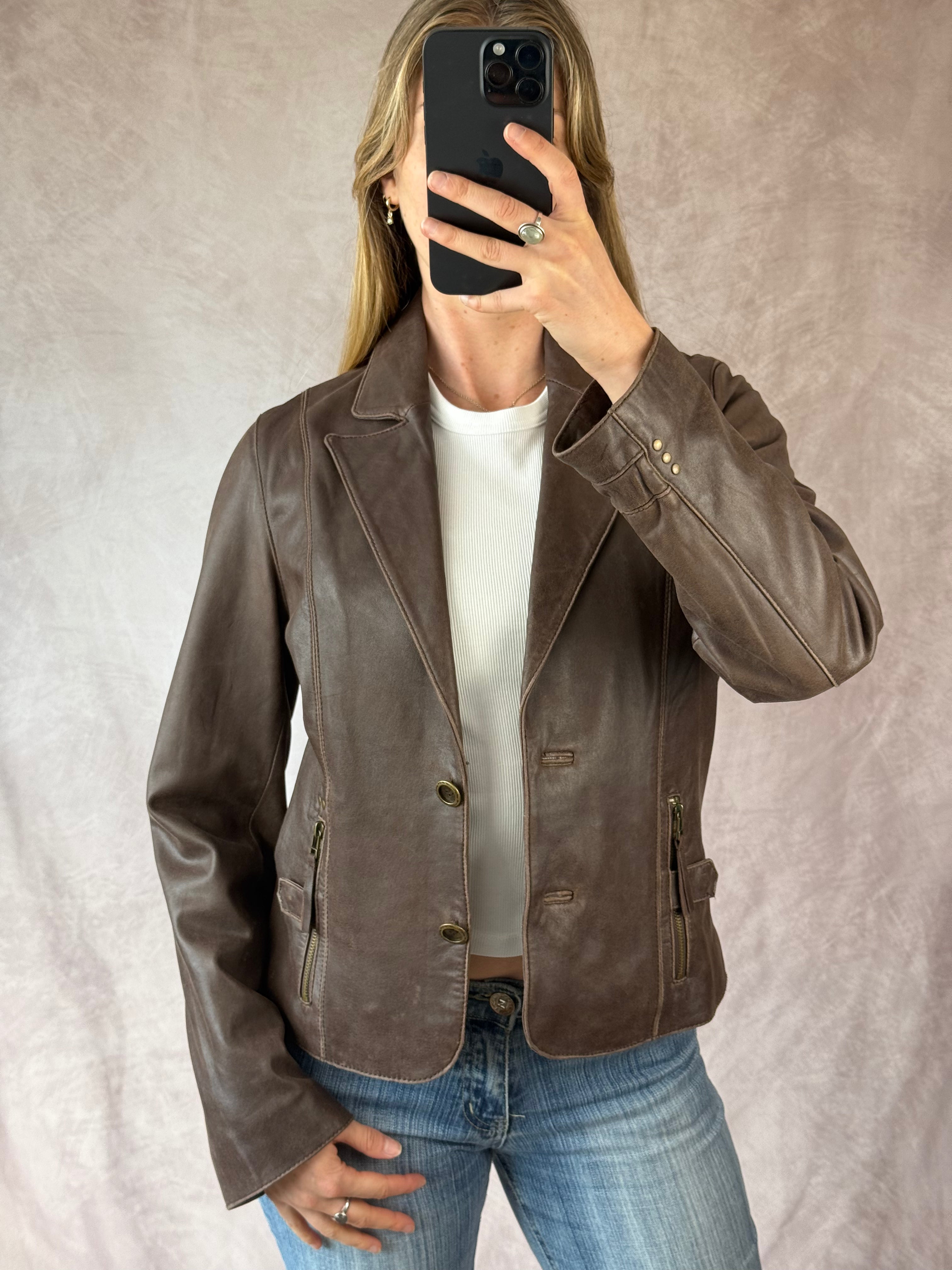 Vintage y2k 00s brown leather biker jacket (M)