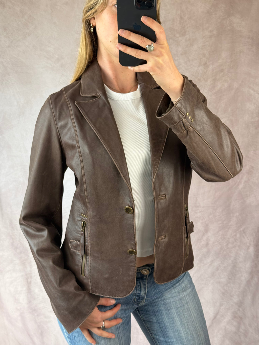 Vintage y2k 00s brown leather biker jacket (M)
