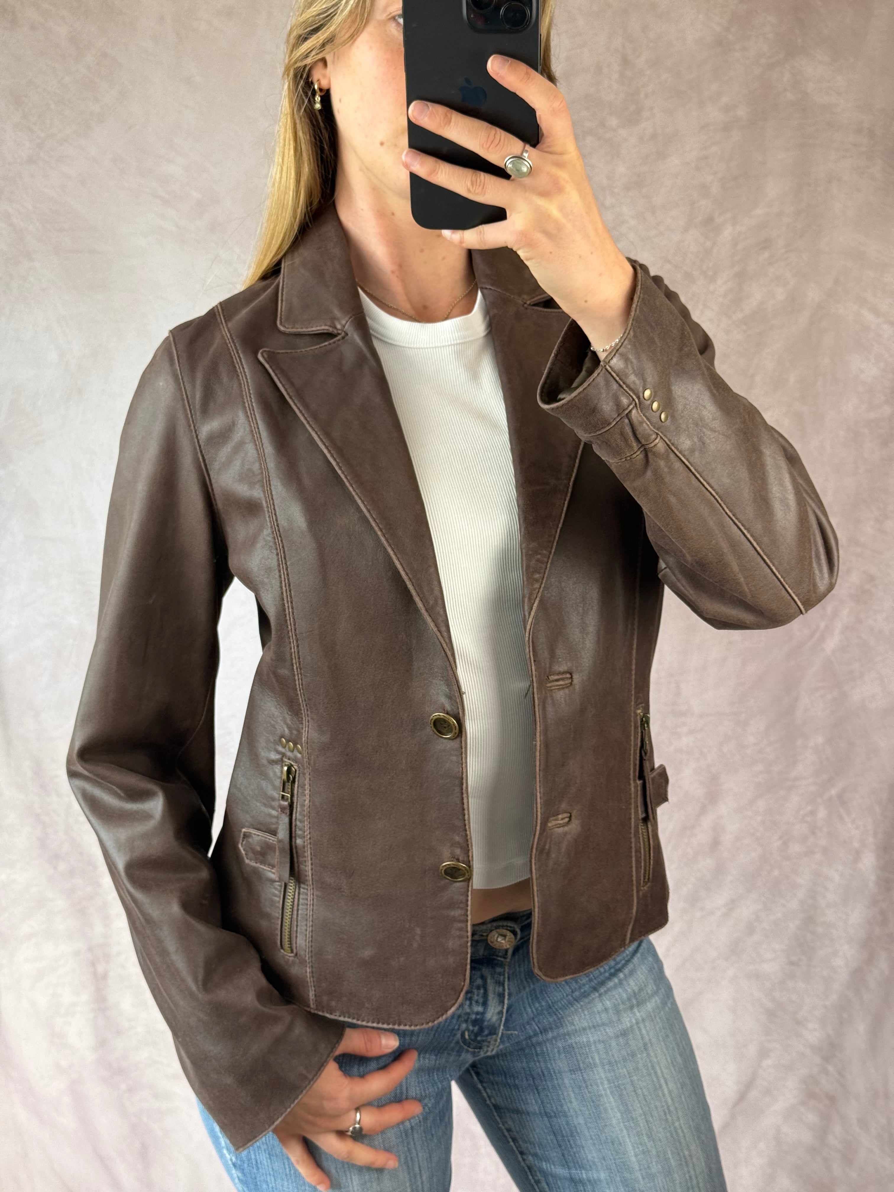 Vintage y2k 00s brown leather biker jacket (M)