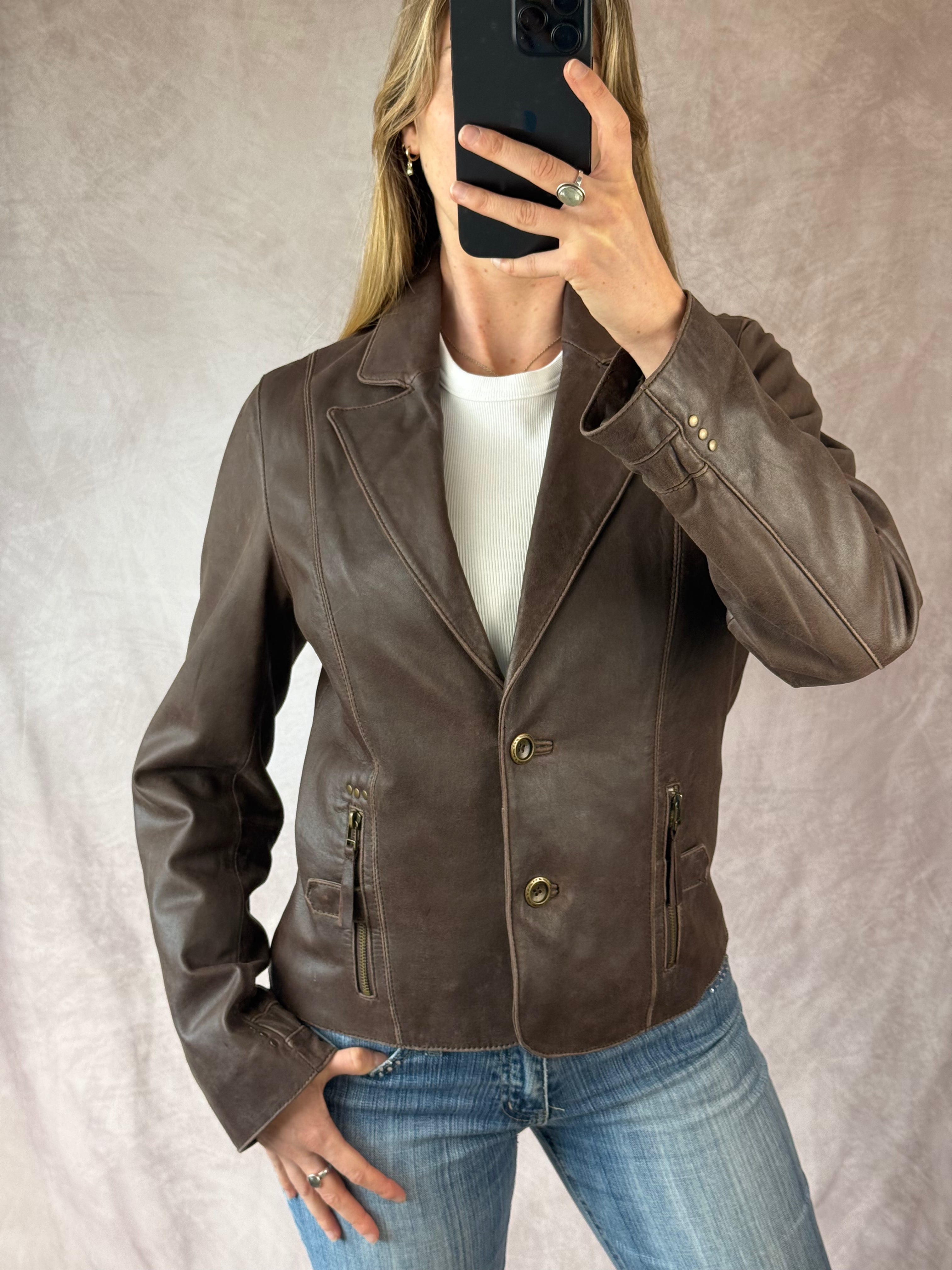 Vintage y2k 00s brown leather biker jacket (M)