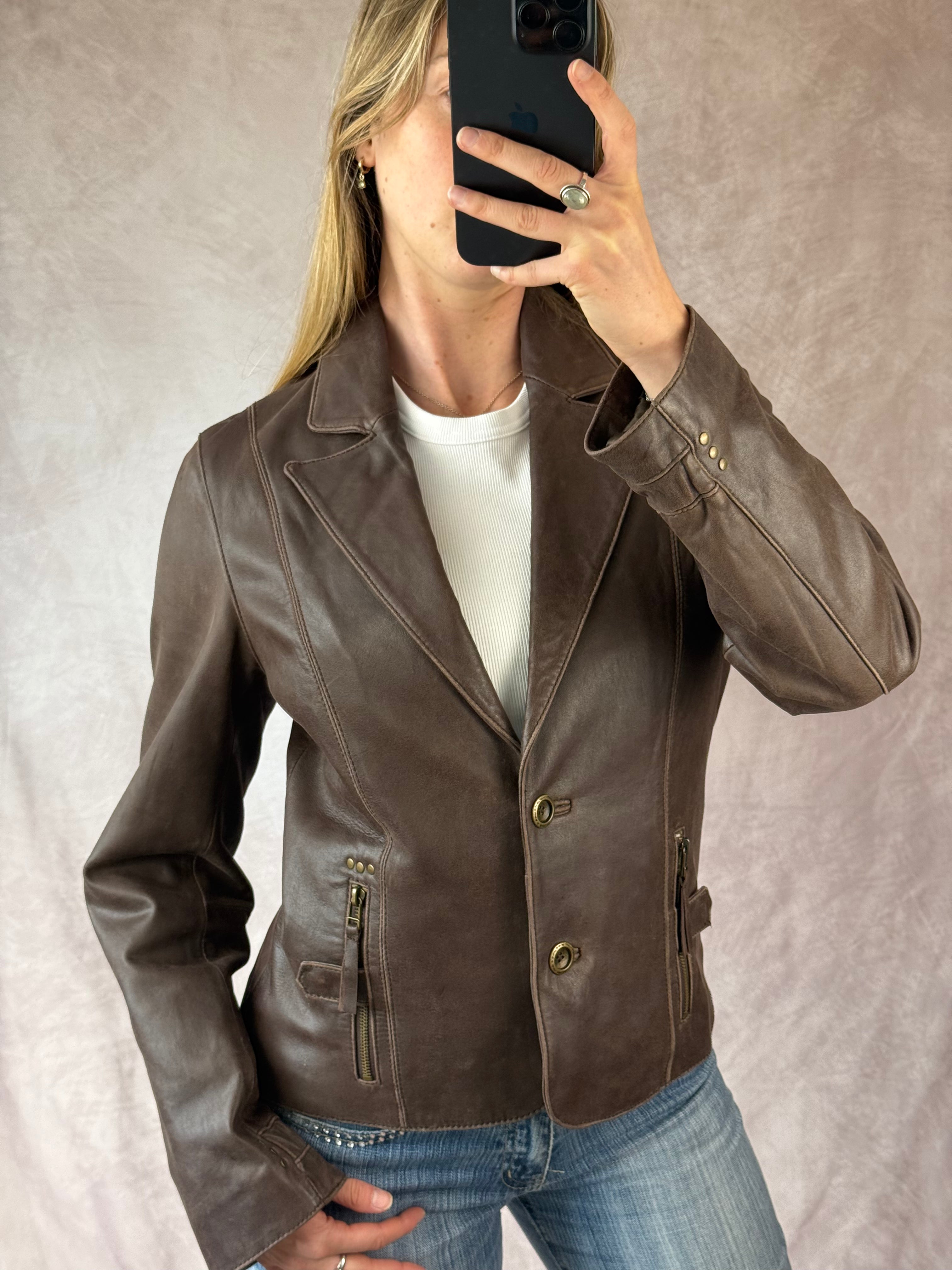 Vintage y2k 00s brown leather biker jacket (M)