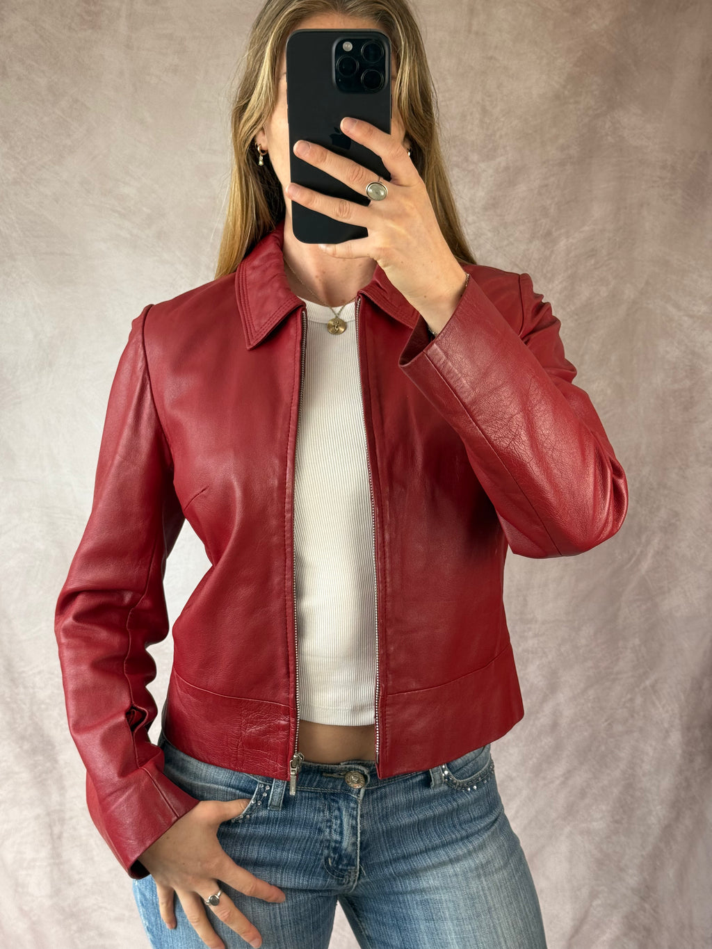 Vintage Y2K racer red leather jacket (M)
