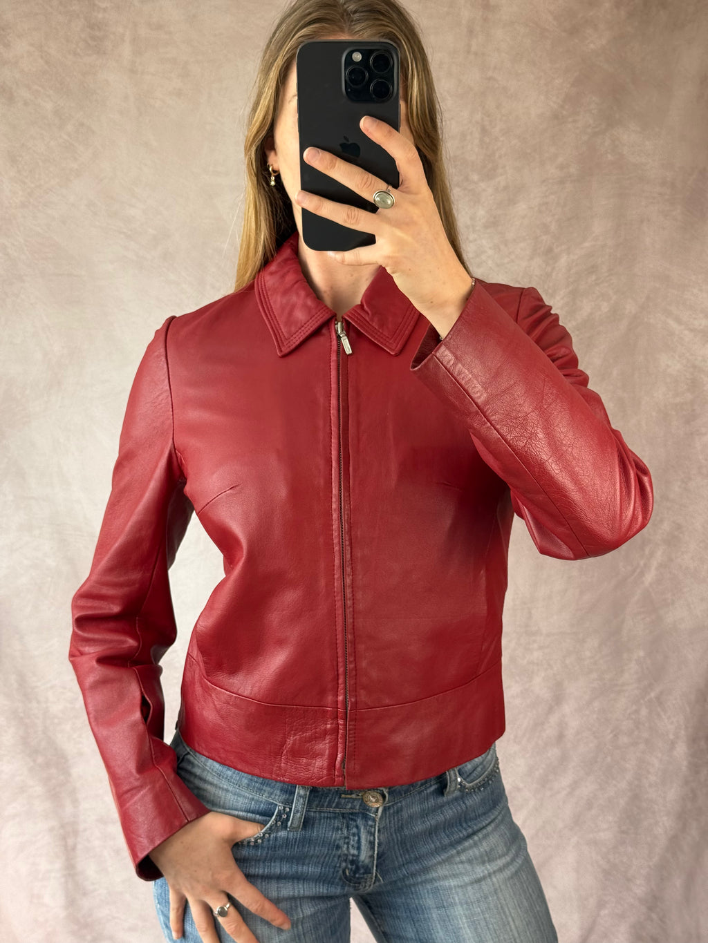Vintage Y2K racer red leather jacket (M)