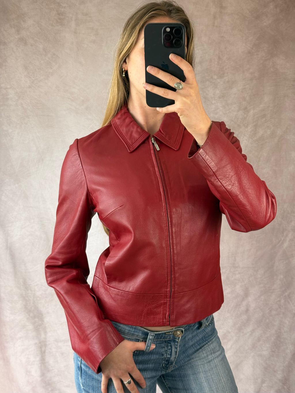 Vintage Y2K racer red leather jacket (M)