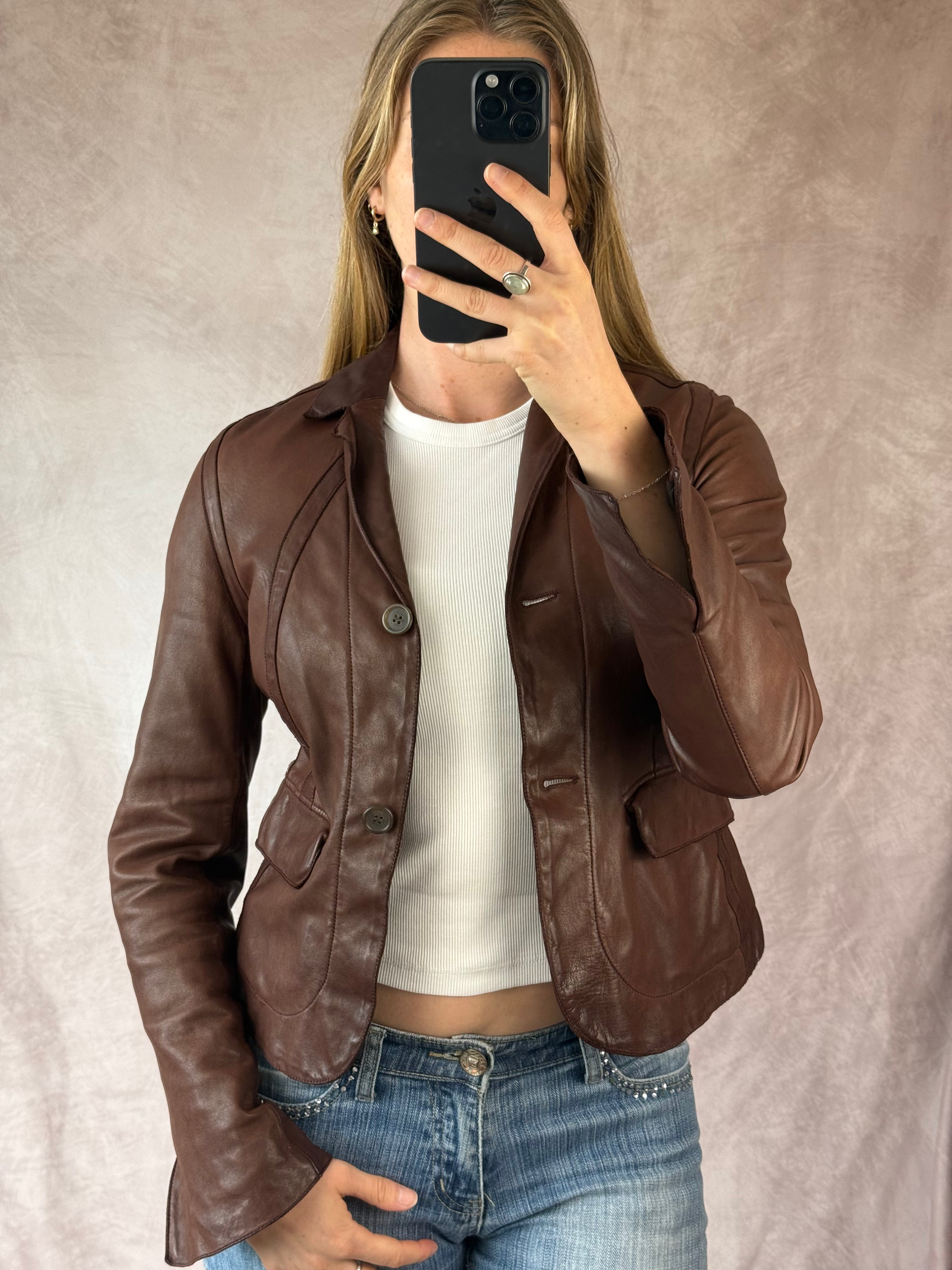 Vintage Y2K brown racer leather jacket (S)