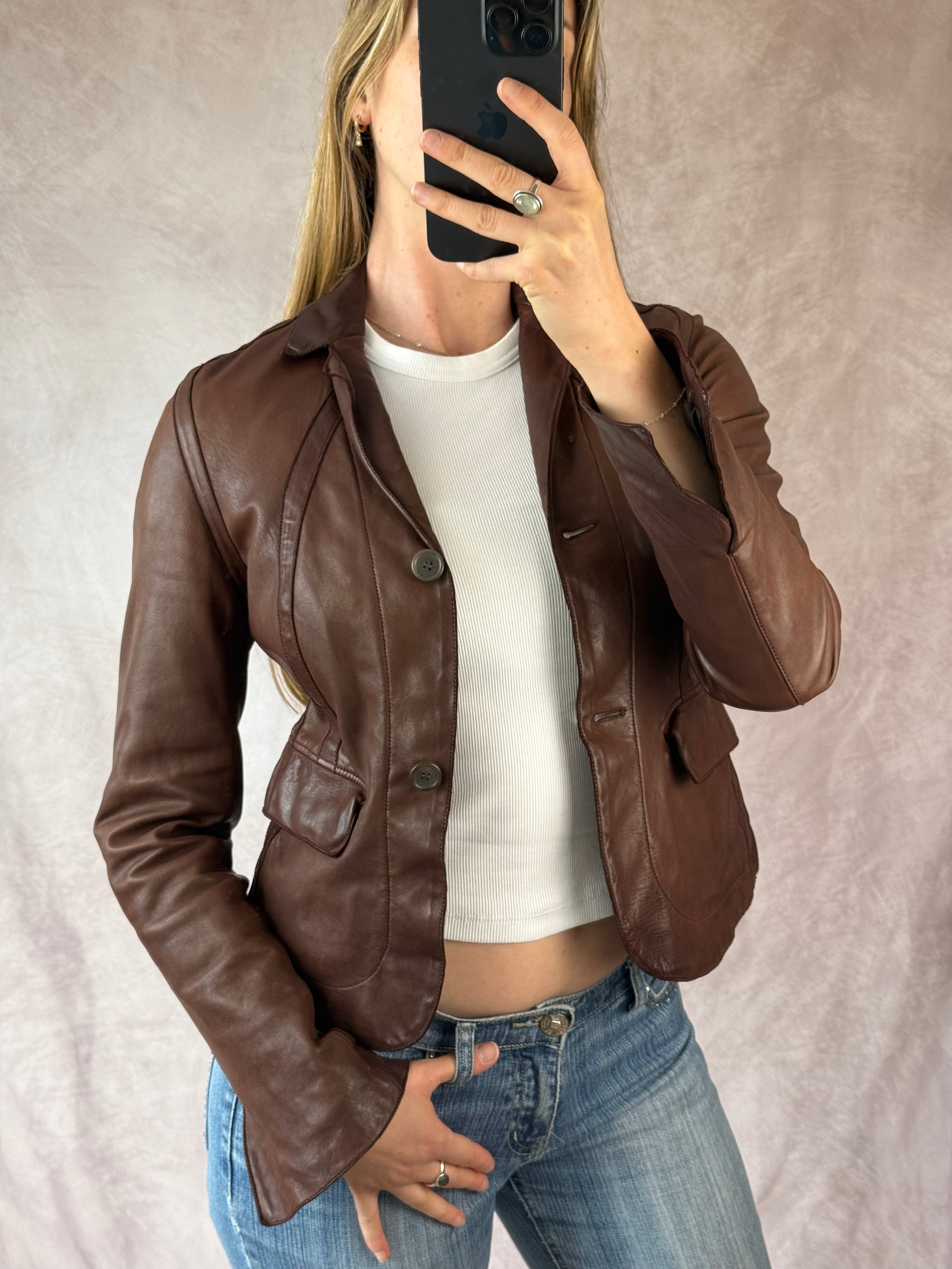 Vintage Y2K brown racer leather jacket (S)