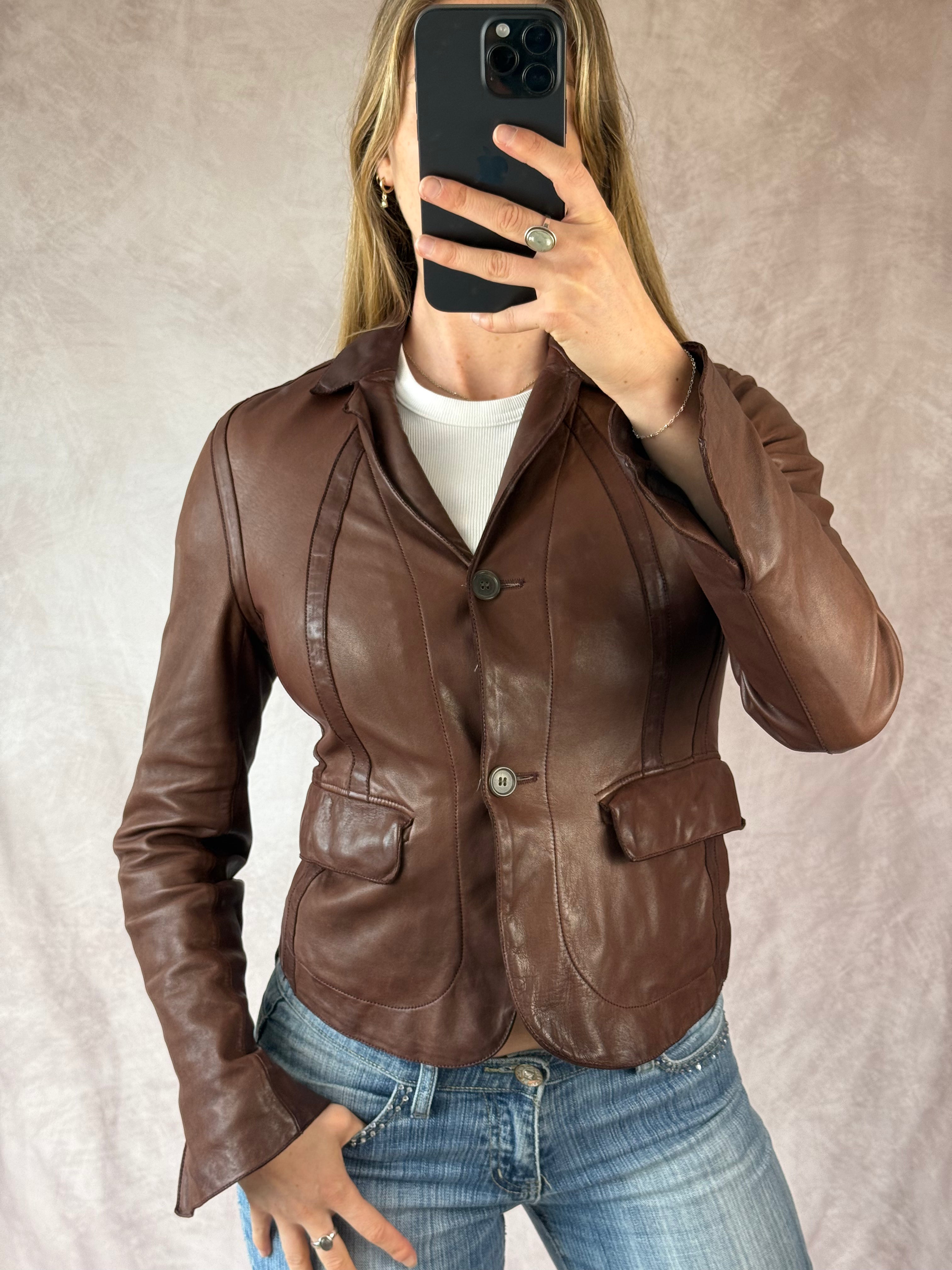 Vintage Y2K brown racer leather jacket (S)