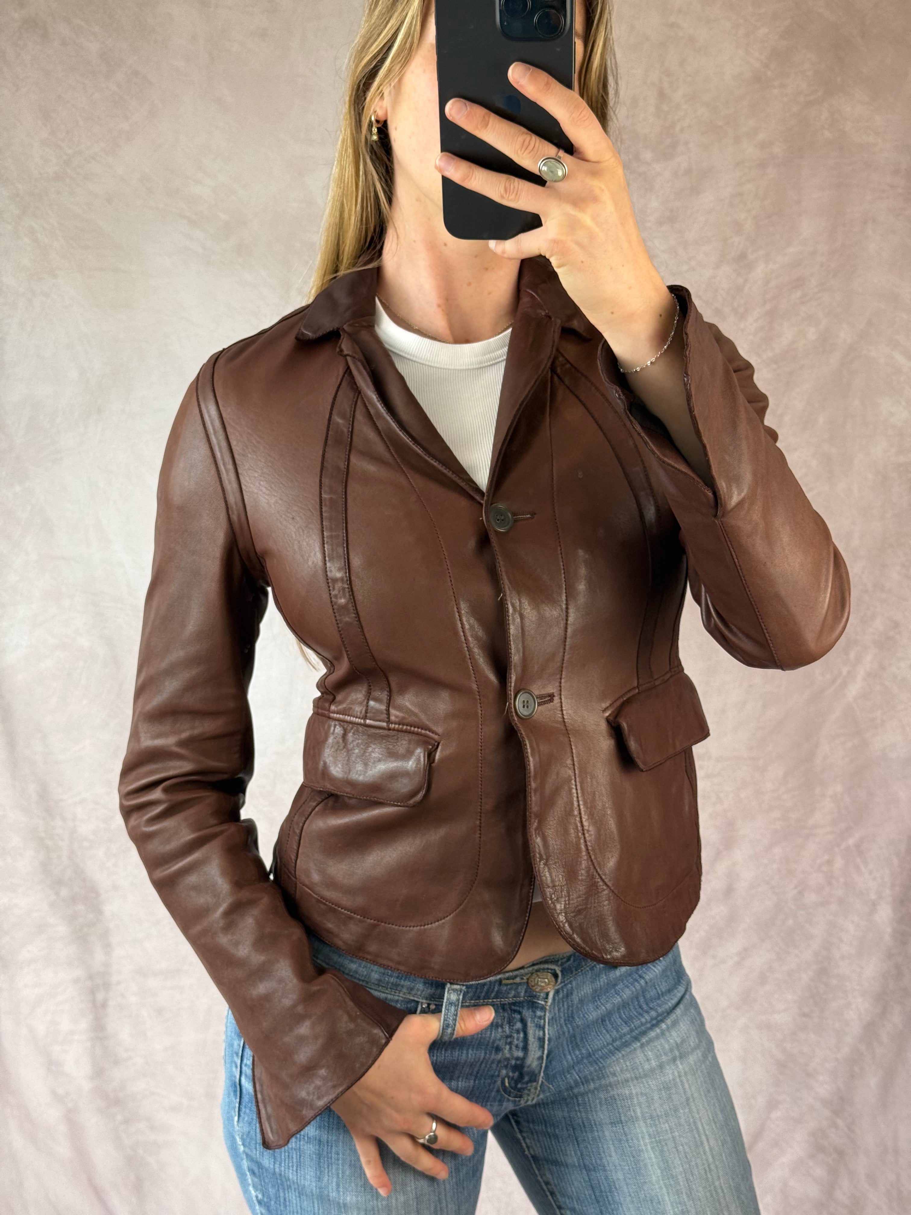 Vintage Y2K brown racer leather jacket (S)
