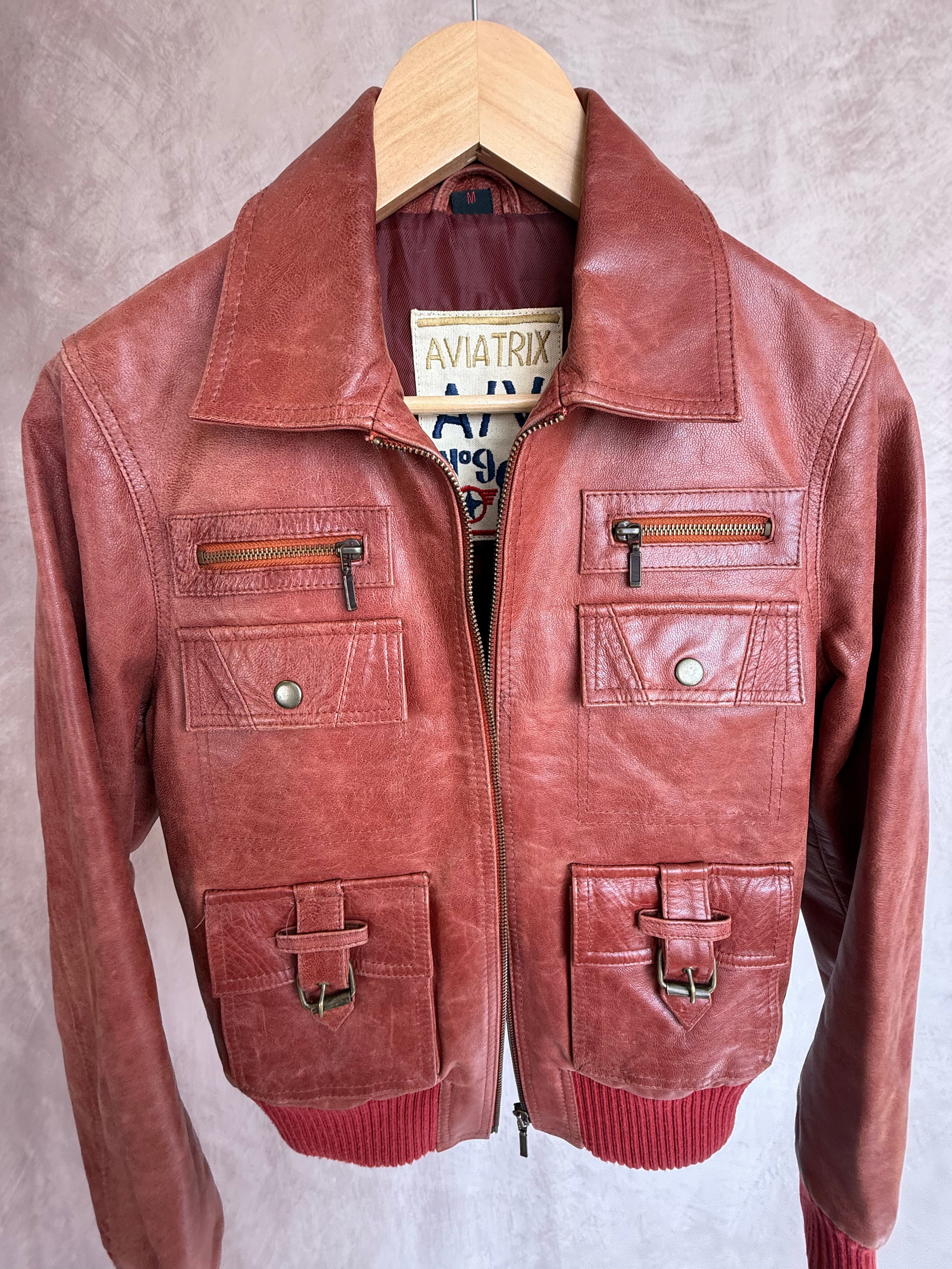 Aviatrix vintage 00's red biker leather jacket (M)