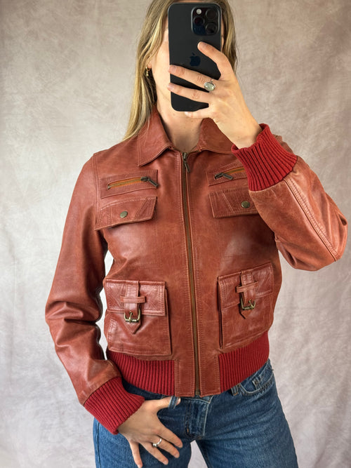 Aviatrix vintage 00's red biker leather jacket (M)