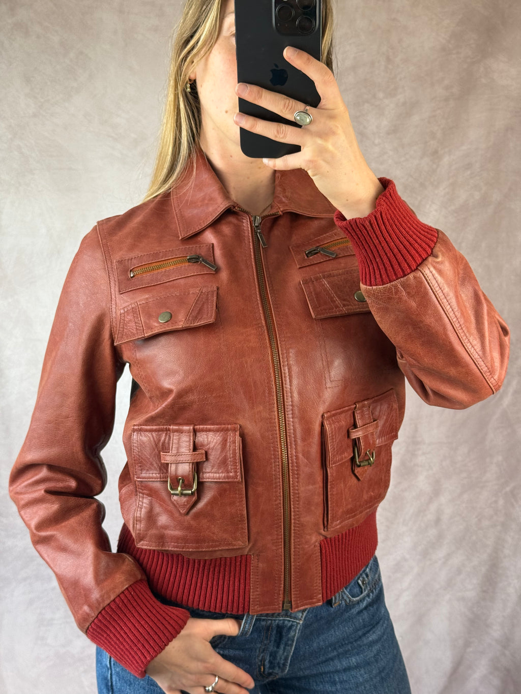 Aviatrix vintage 00's red biker leather jacket (M)