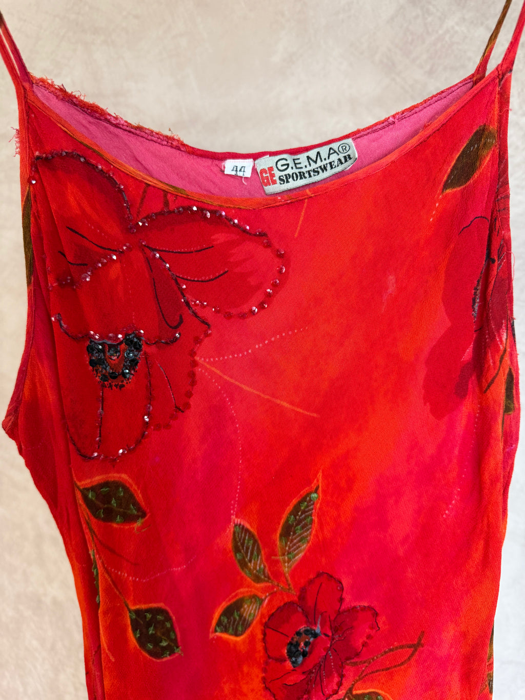 90's Y2K red vintage sequinned floral dress (M)