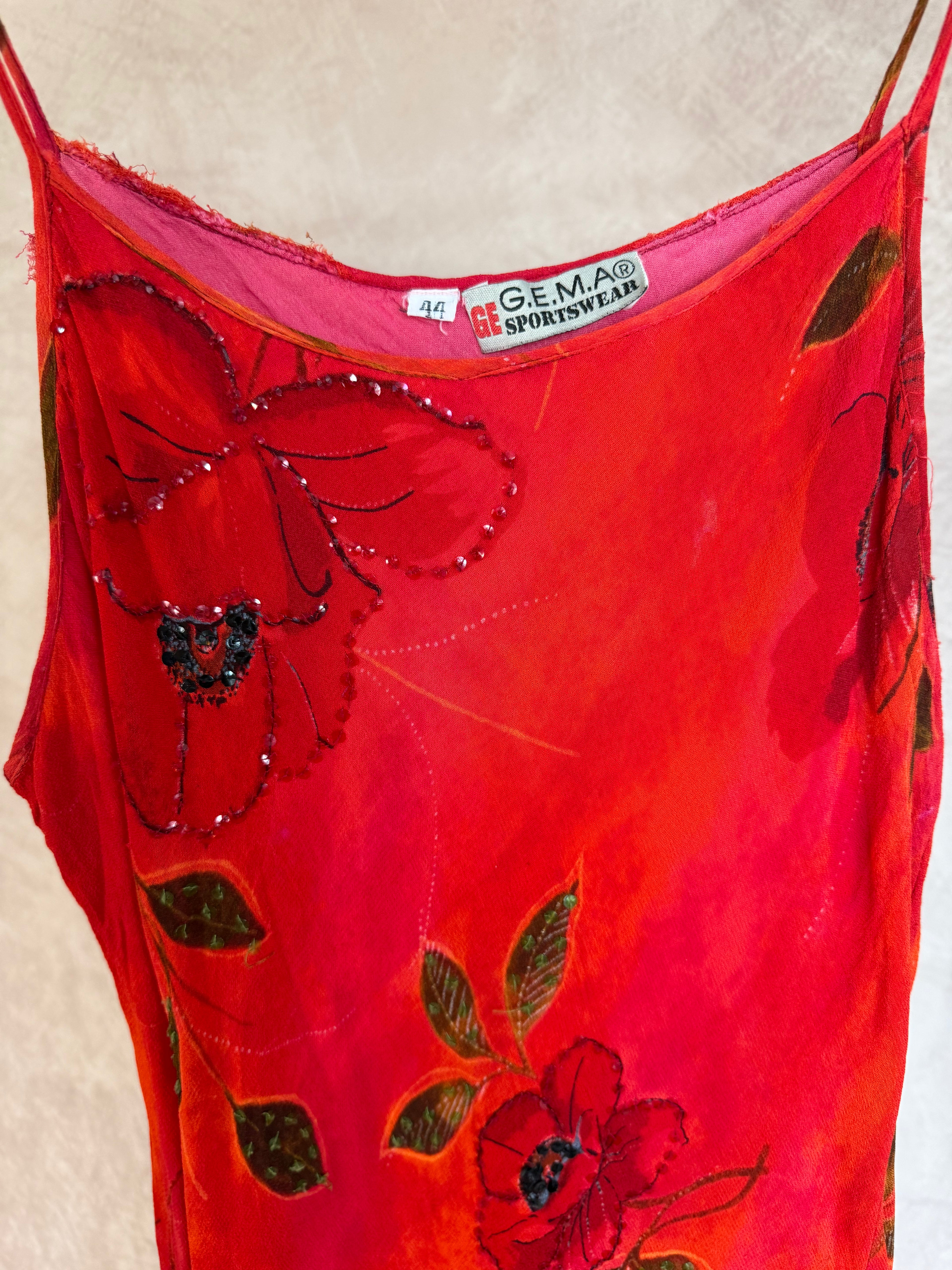 90's Y2K red vintage sequinned floral dress (M)
