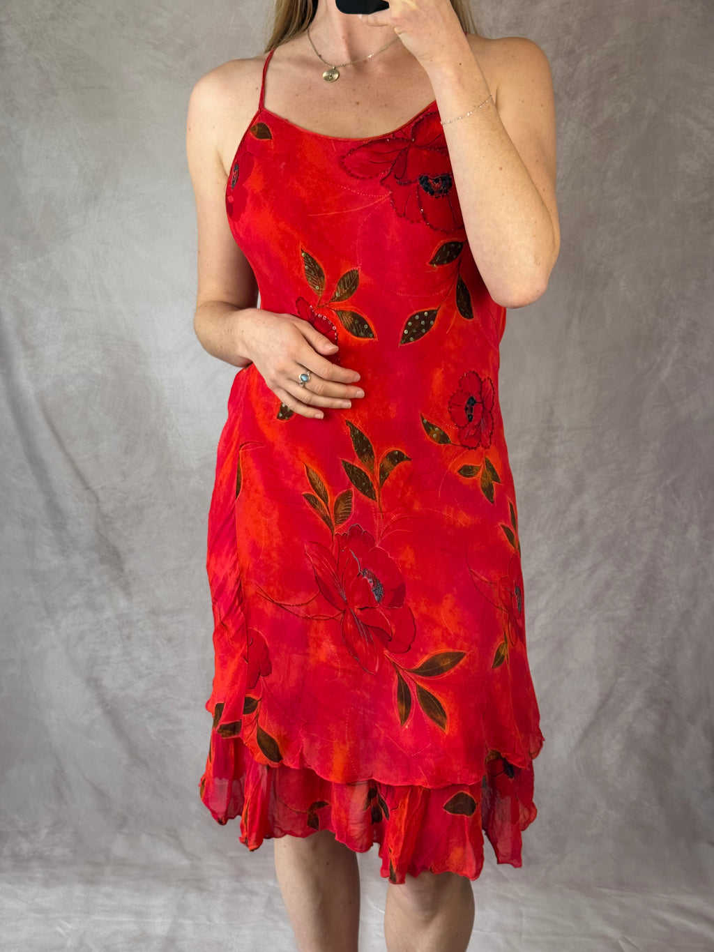 90's Y2K red vintage sequinned floral dress (M)