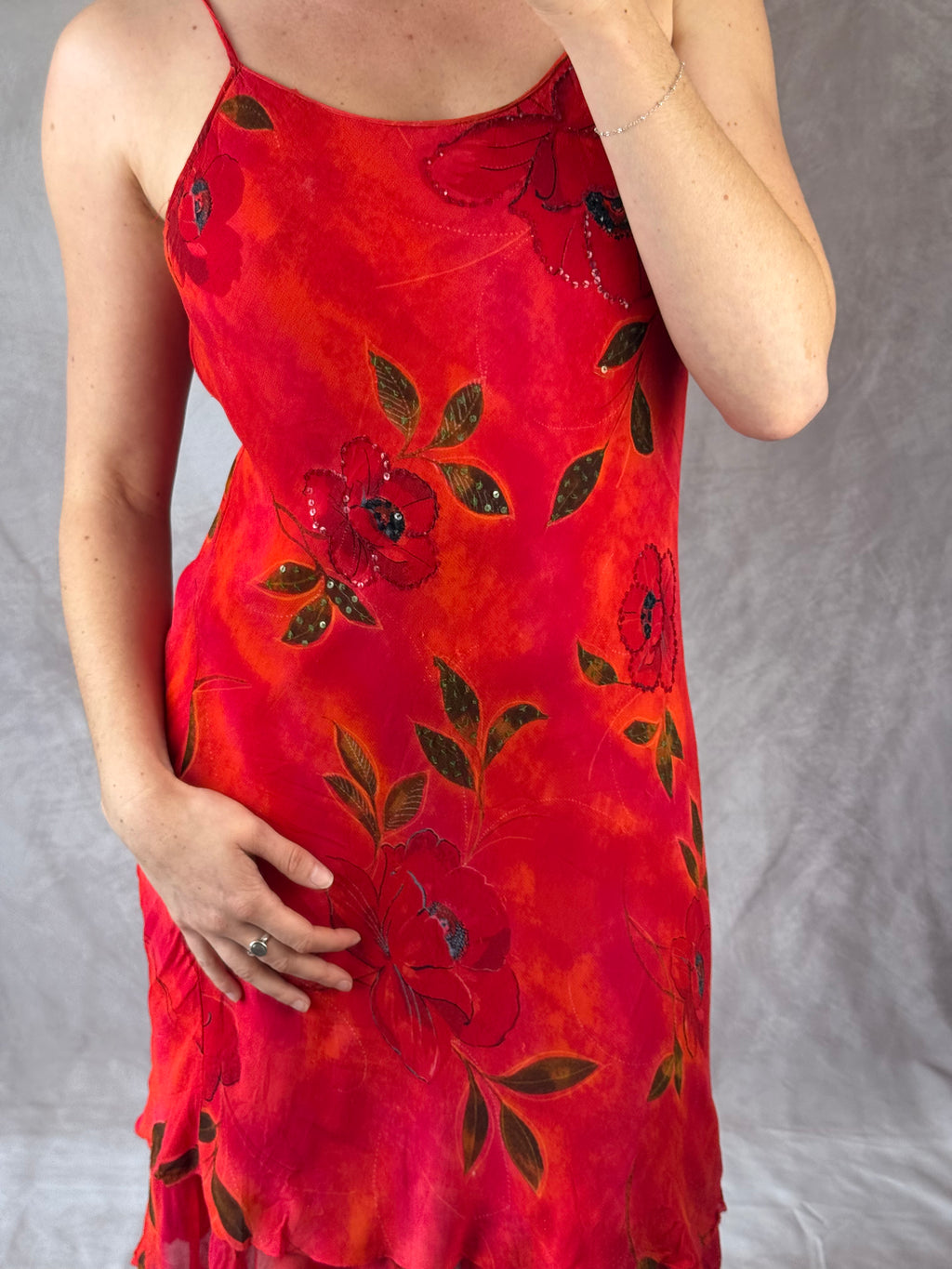 90's Y2K red vintage sequinned floral dress (M)