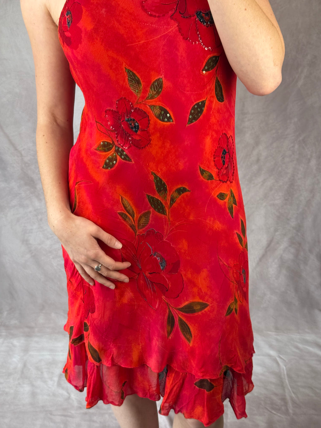 90's Y2K red vintage sequinned floral dress (M)