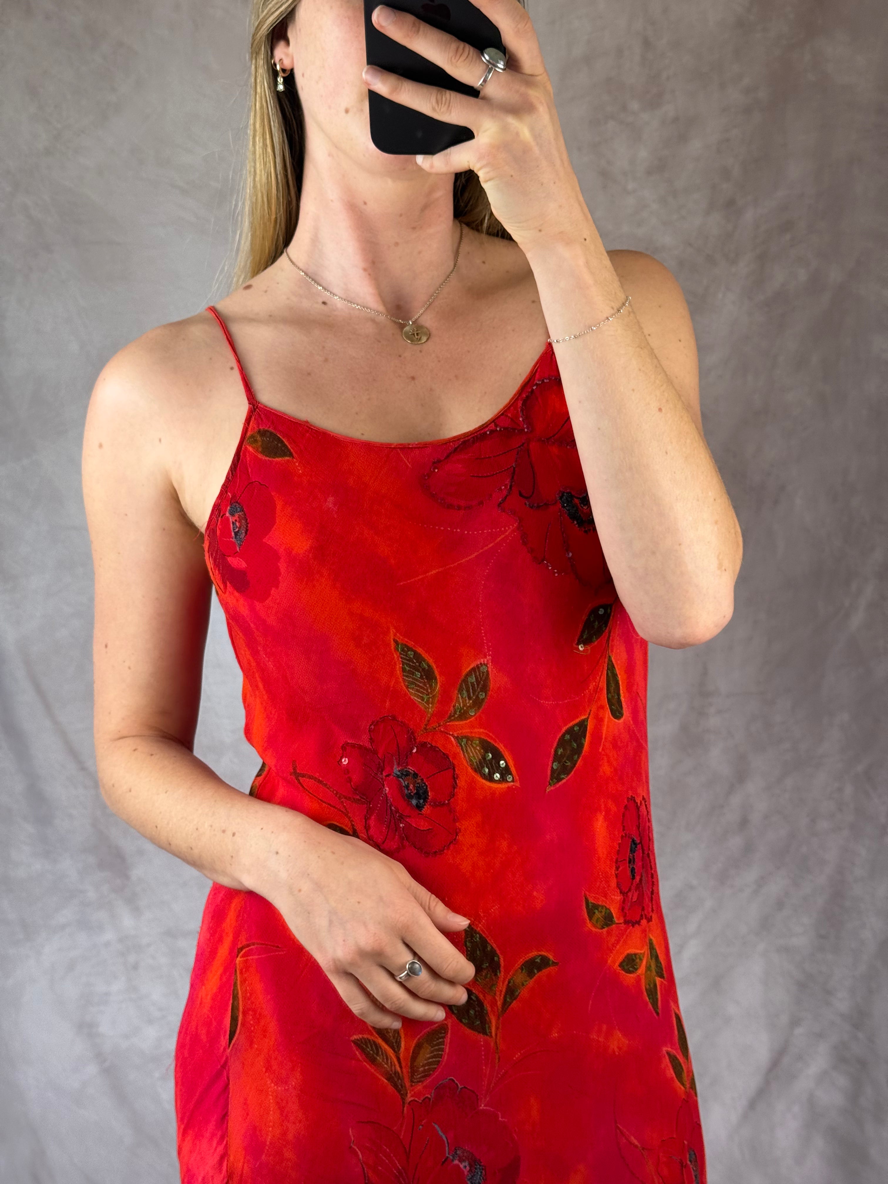 90's Y2K red vintage sequinned floral dress (M)