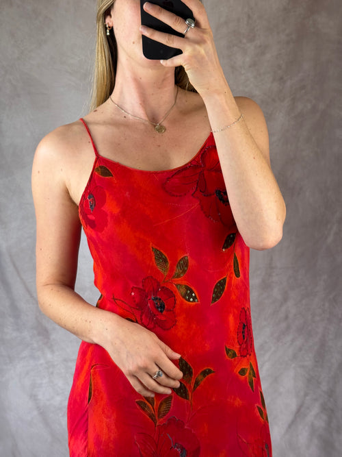 90's Y2K red vintage sequinned floral dress (M)