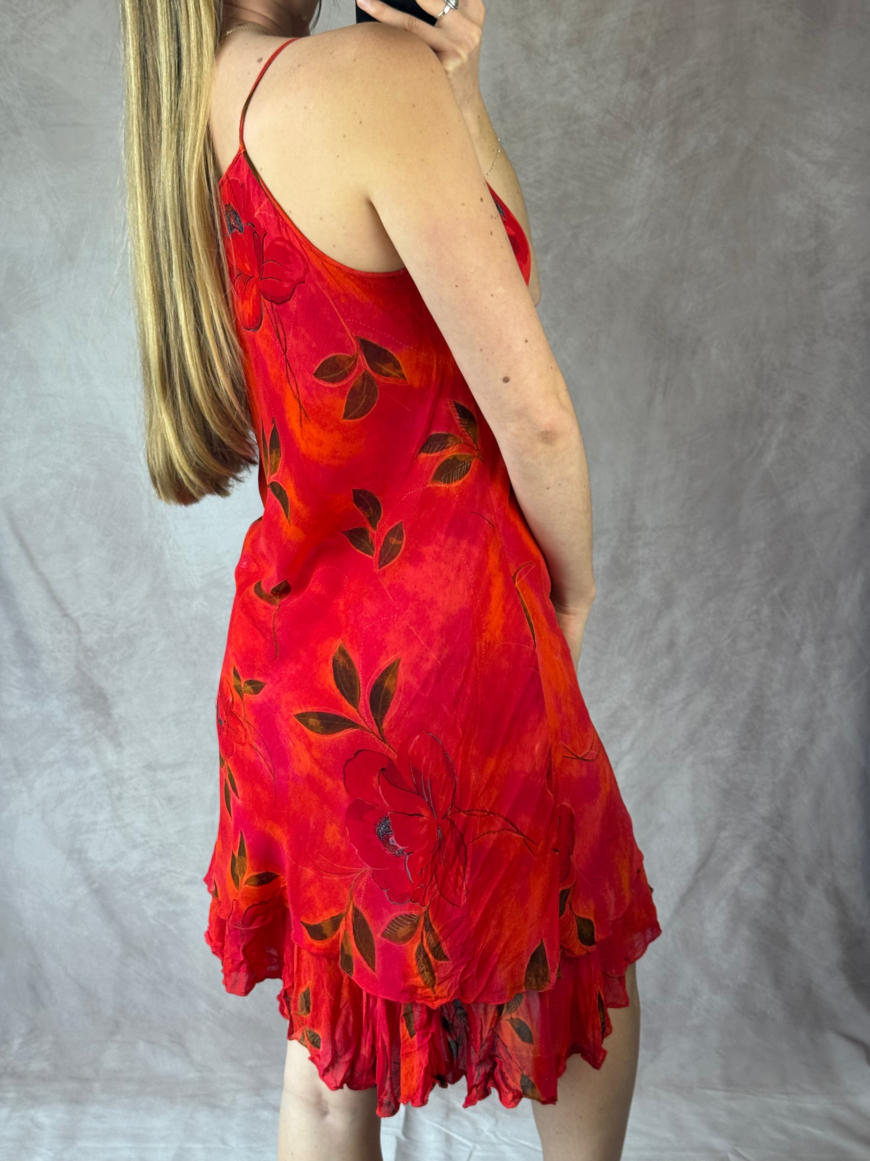 90's Y2K red vintage sequinned floral dress (M)