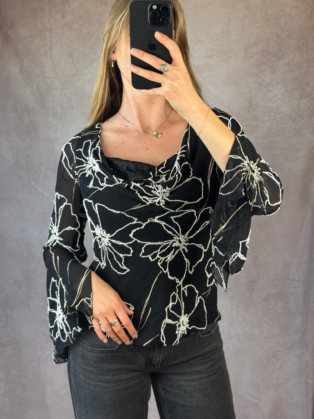 Y2K fairy whimsical black floral silk top (L)