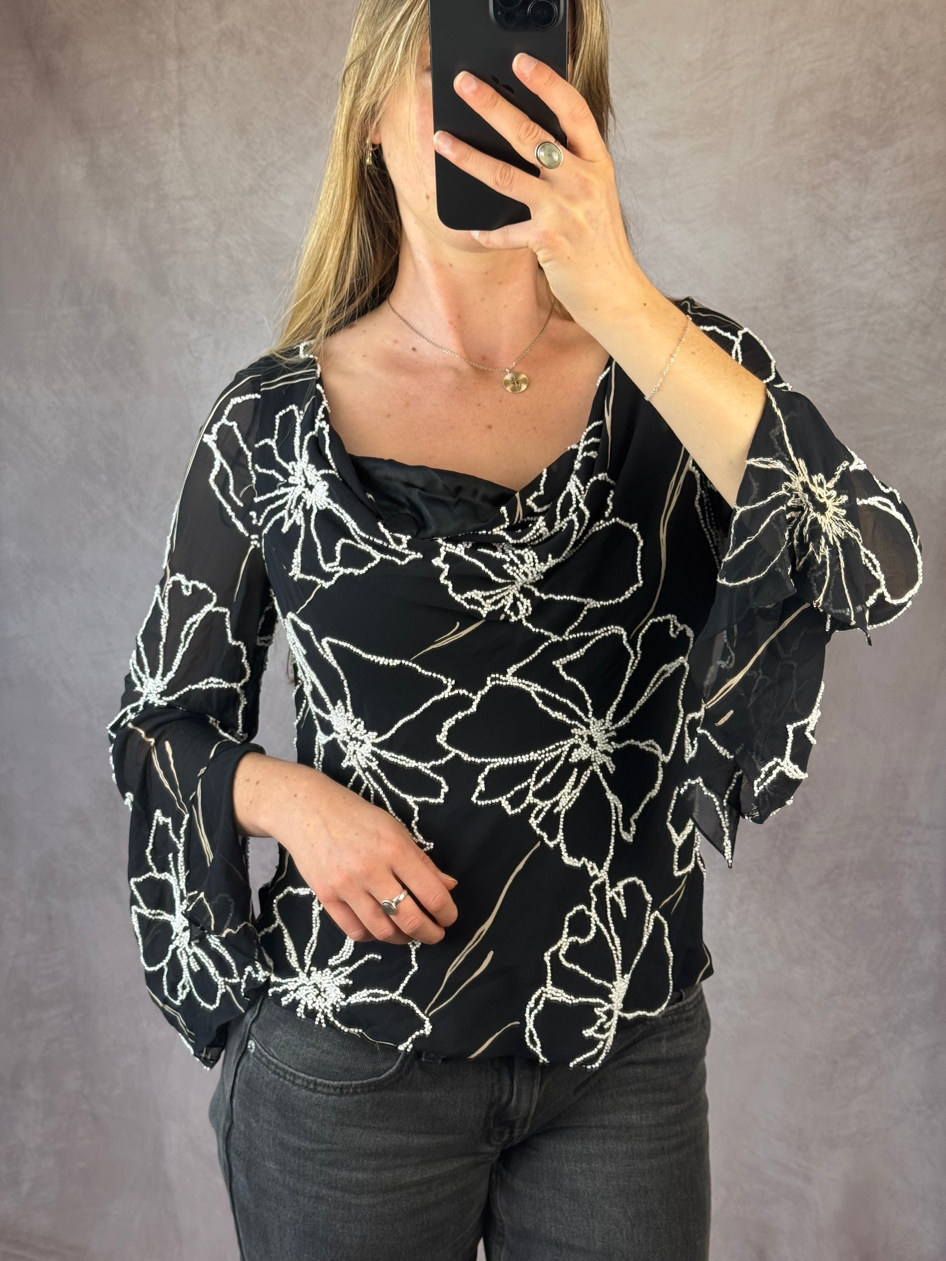 Y2K fairy whimsical black floral silk top (L)
