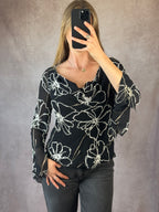 Y2K fairy whimsical black floral silk top (L)