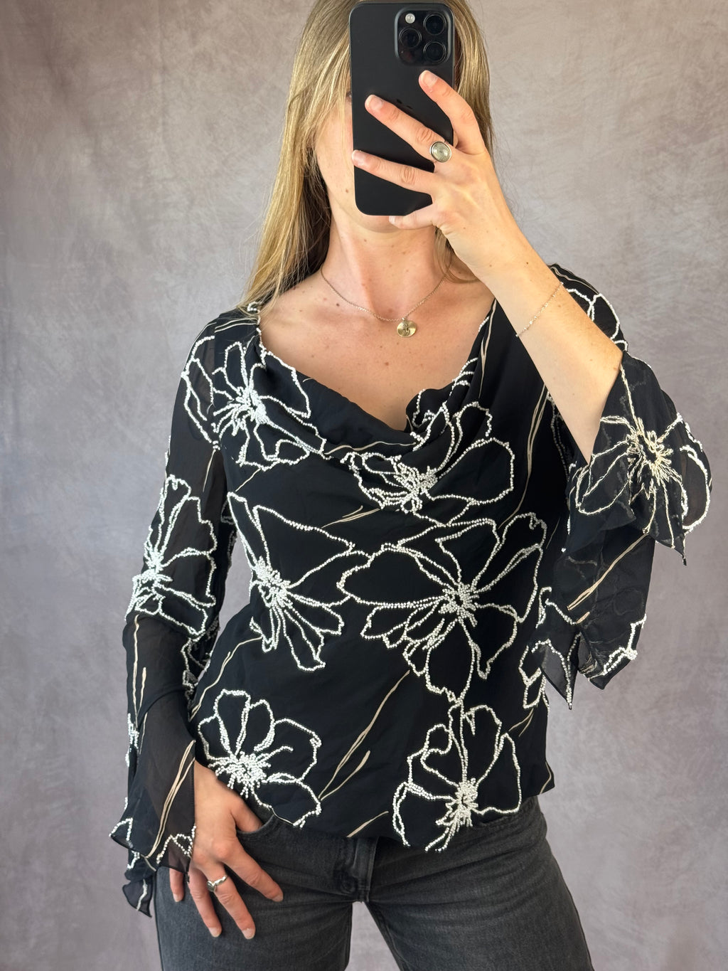 Y2K fairy whimsical black floral silk top (L)