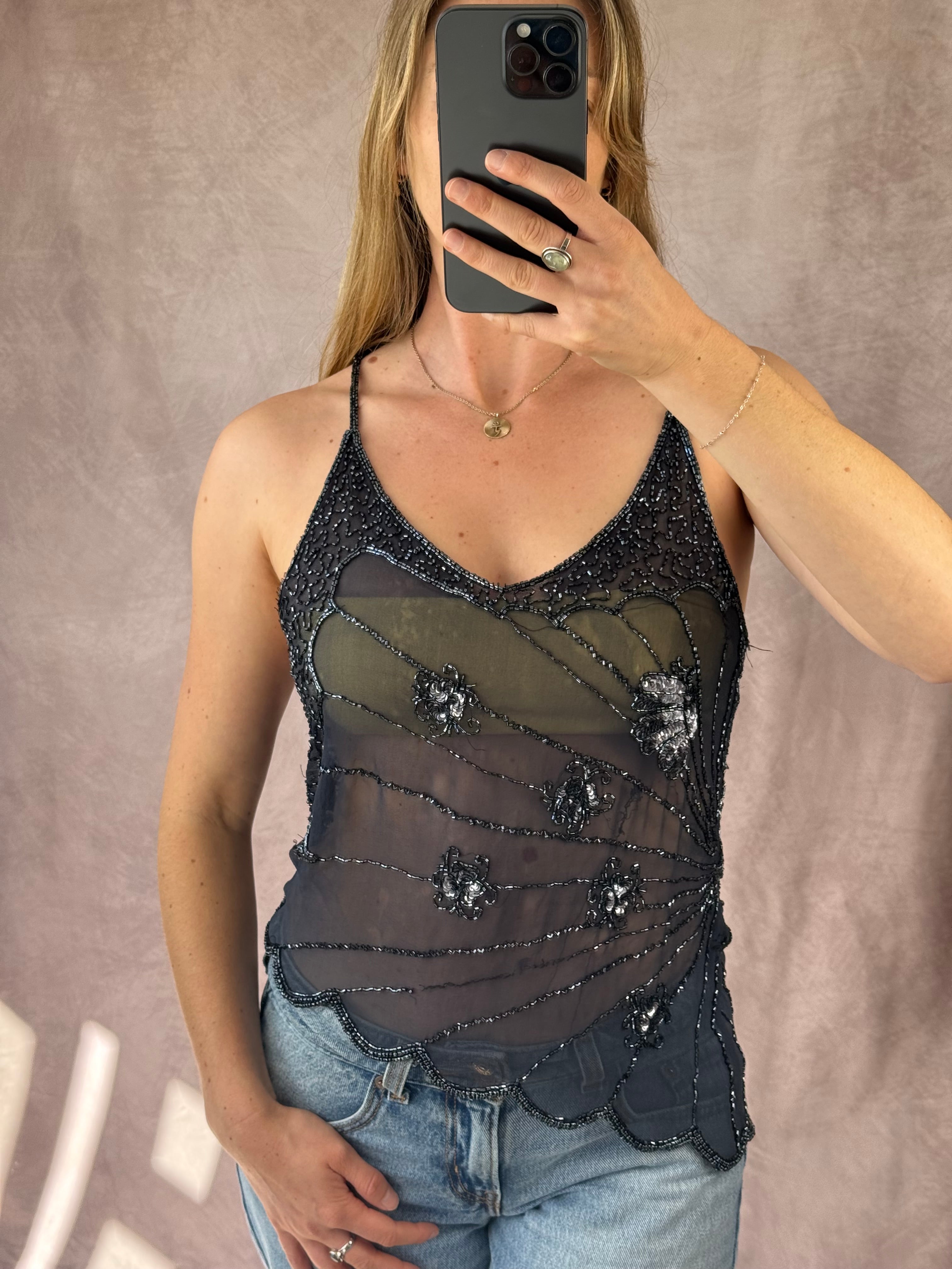 Y2K fairy whimsical black sequenced top (L)