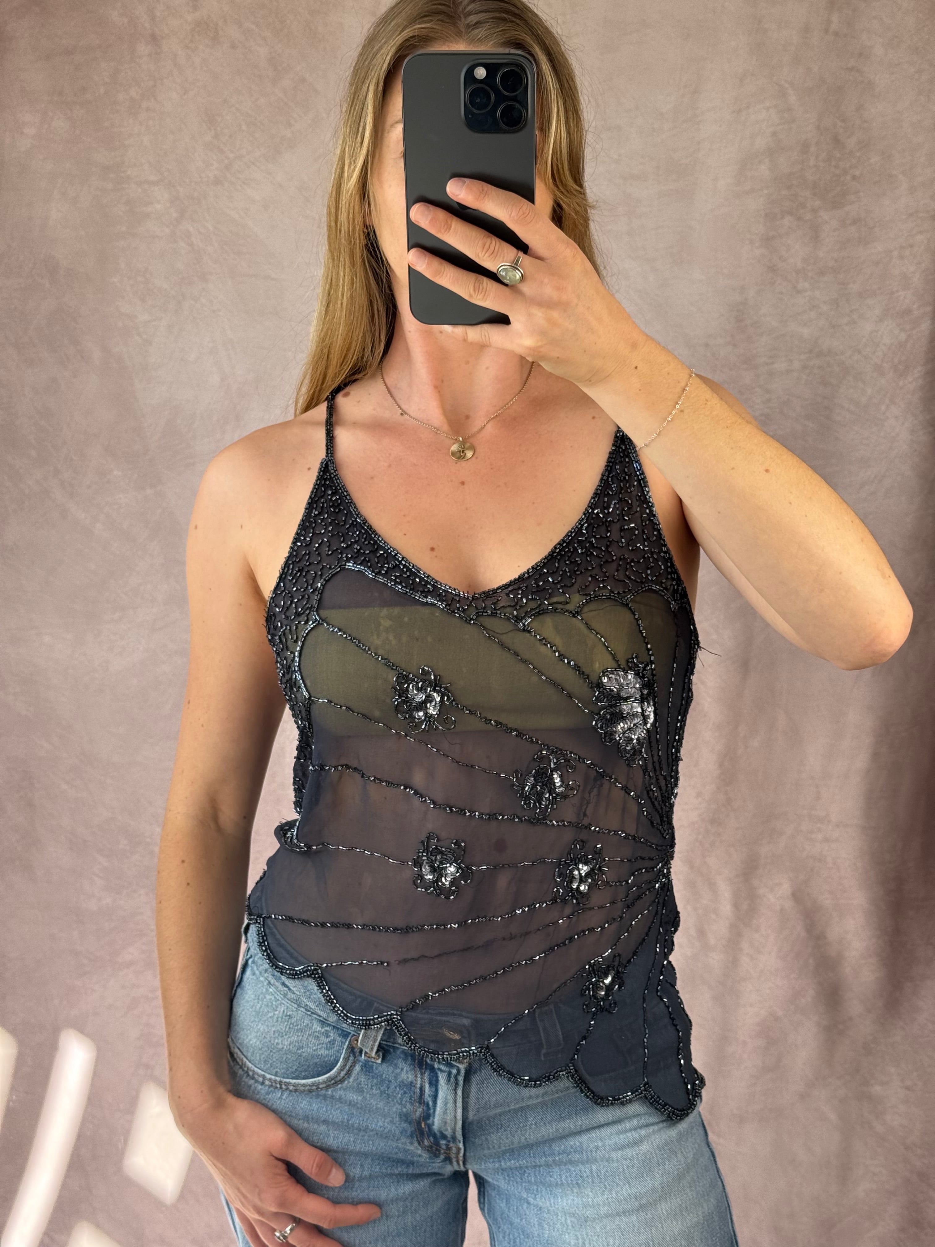 Y2K fairy whimsical black sequenced top (L)