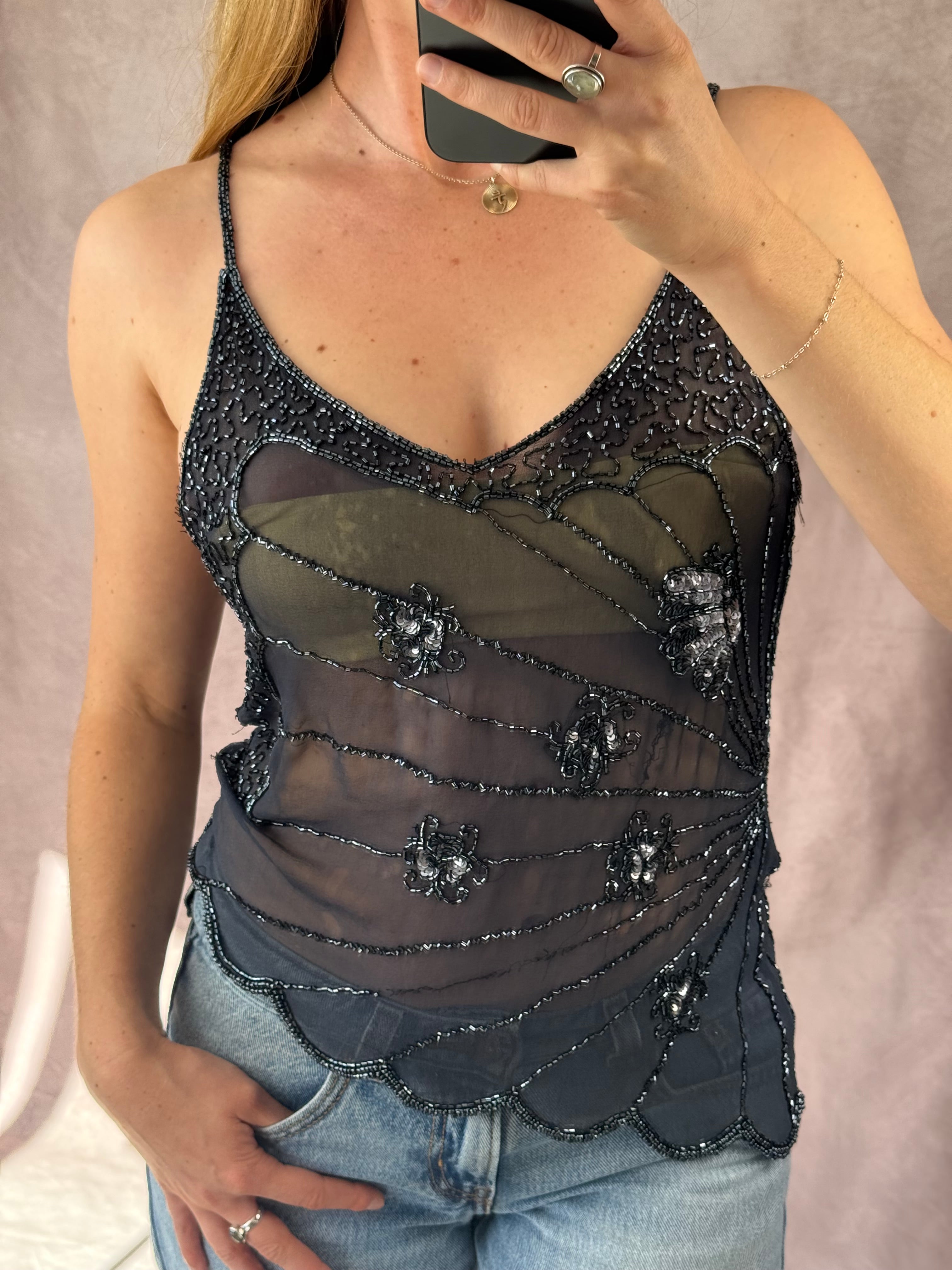 Y2K fairy whimsical black sequenced top (L)