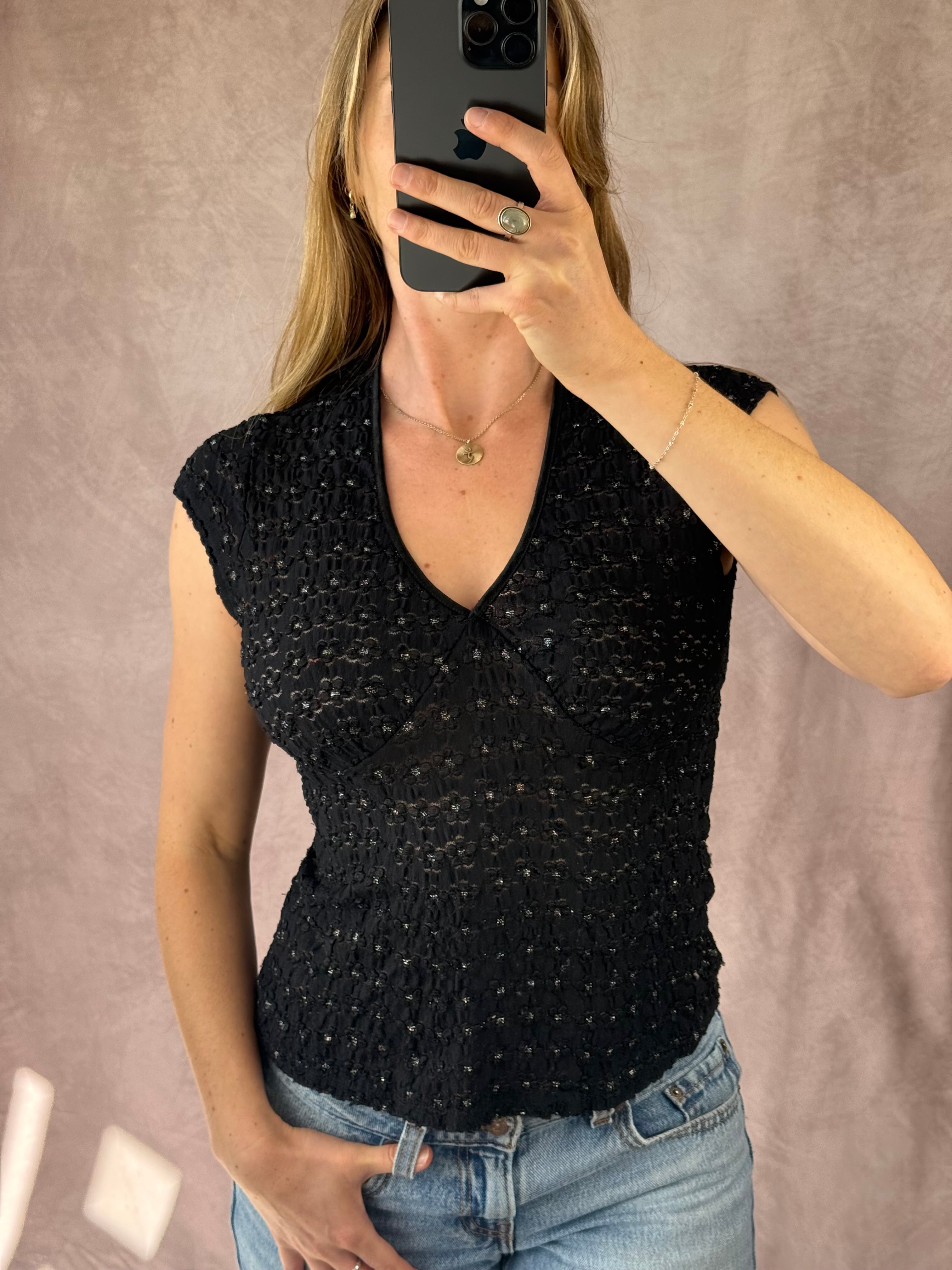 Y2K fairy whimsical black sequenced top (M)
