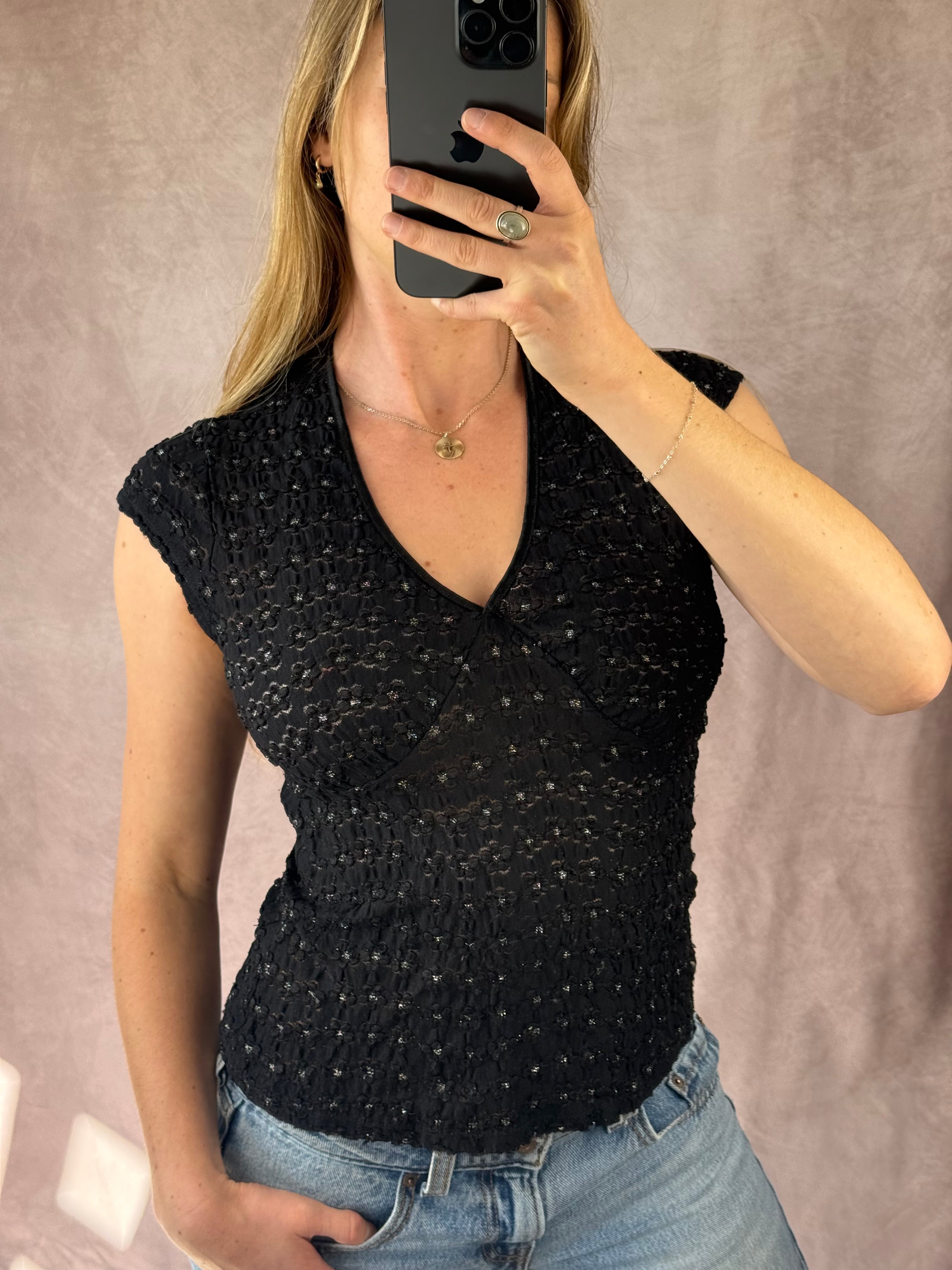 Y2K fairy whimsical black sequenced top (M)