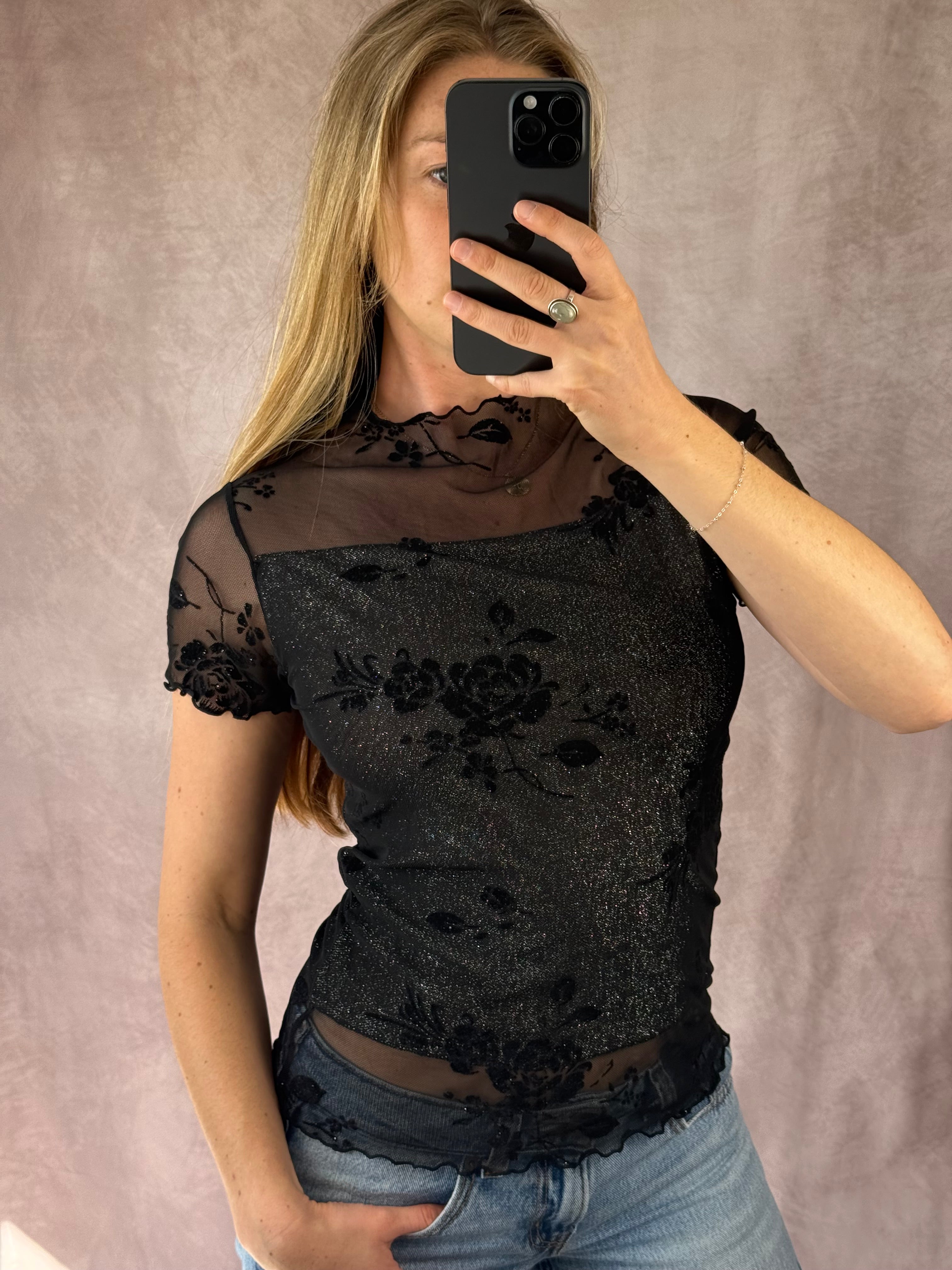 Y2K fairy whimsical black mesh floral top (M)